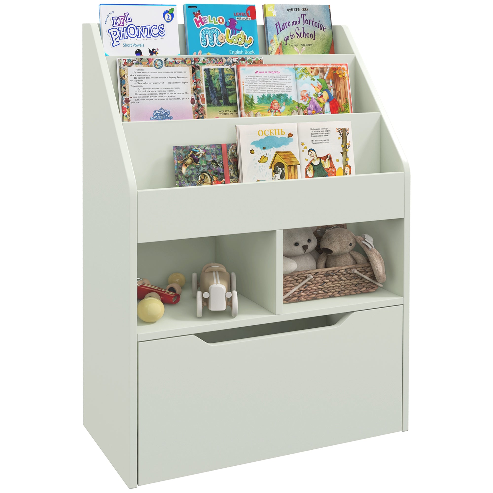 Bibliothèque en Bois pour Enfants HOMCOM avec 3 Compartiments, 2 Cubes et Tiroir Mobile sur Roues - Bibliothèque pour Chambre d'Enfant Playroom 60x29,9x90 cm Vert