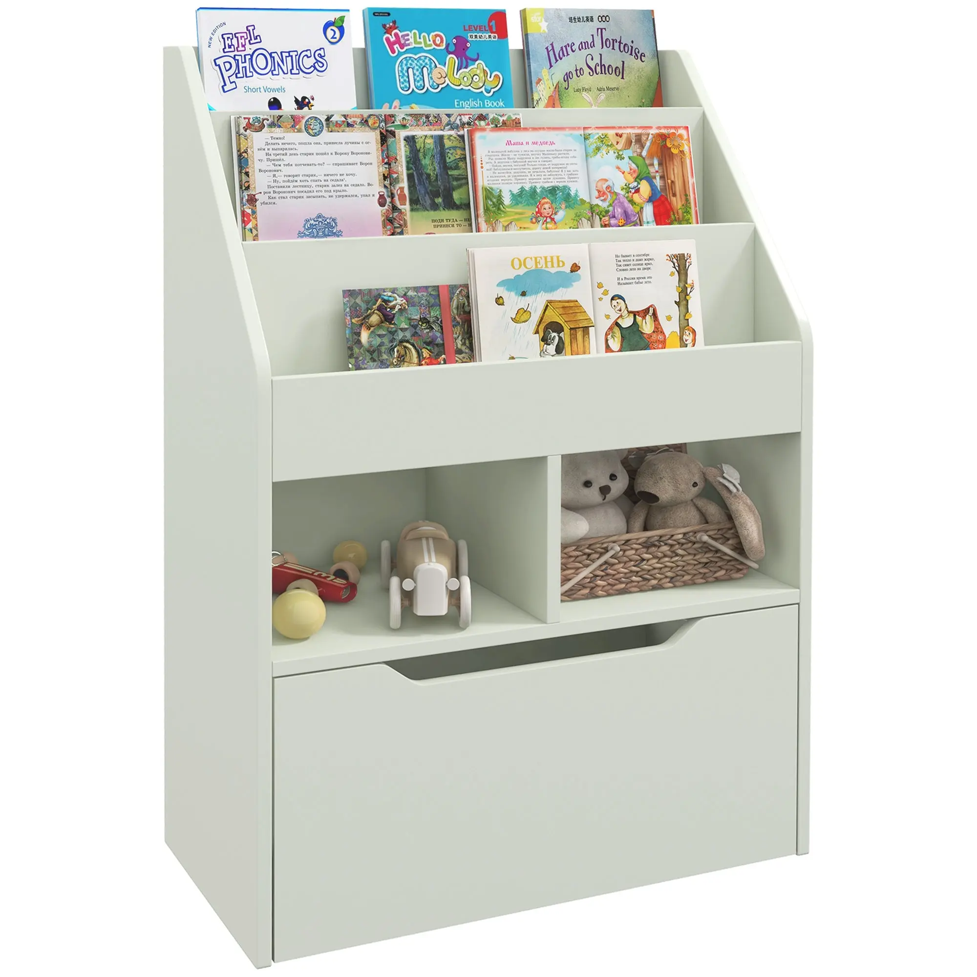 Children's Wooden Bookshelf with 3 Compartments 2 Cubes and Mobile Drawer with 4 Wheels Kids' Bookcase for Children's Room Playroom 60x29.9x90 cm Green