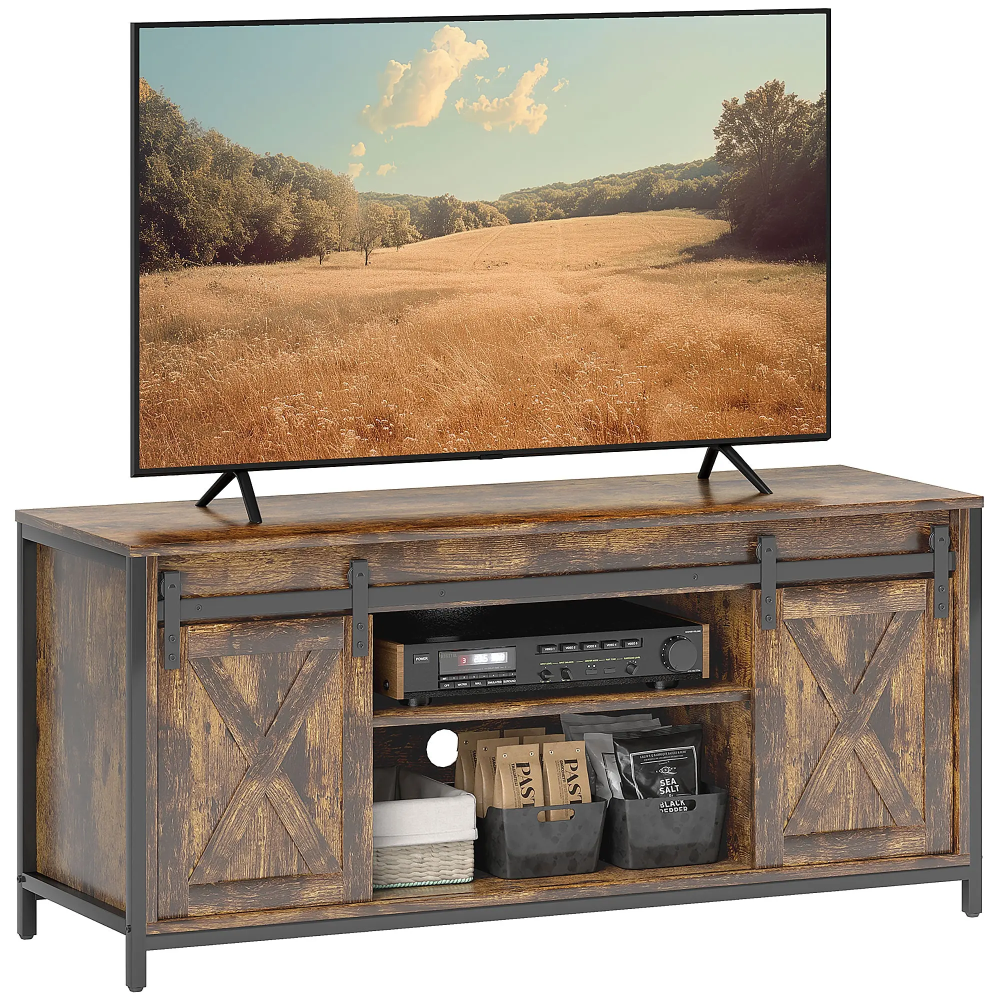 TV Cabinet TV Stand with 2 Sliding Doors 120 cm long TV Lowboard with integrated cable management for TVs up to 60 inches TV shelf for living room Brown 120 x 40 x 54 cm