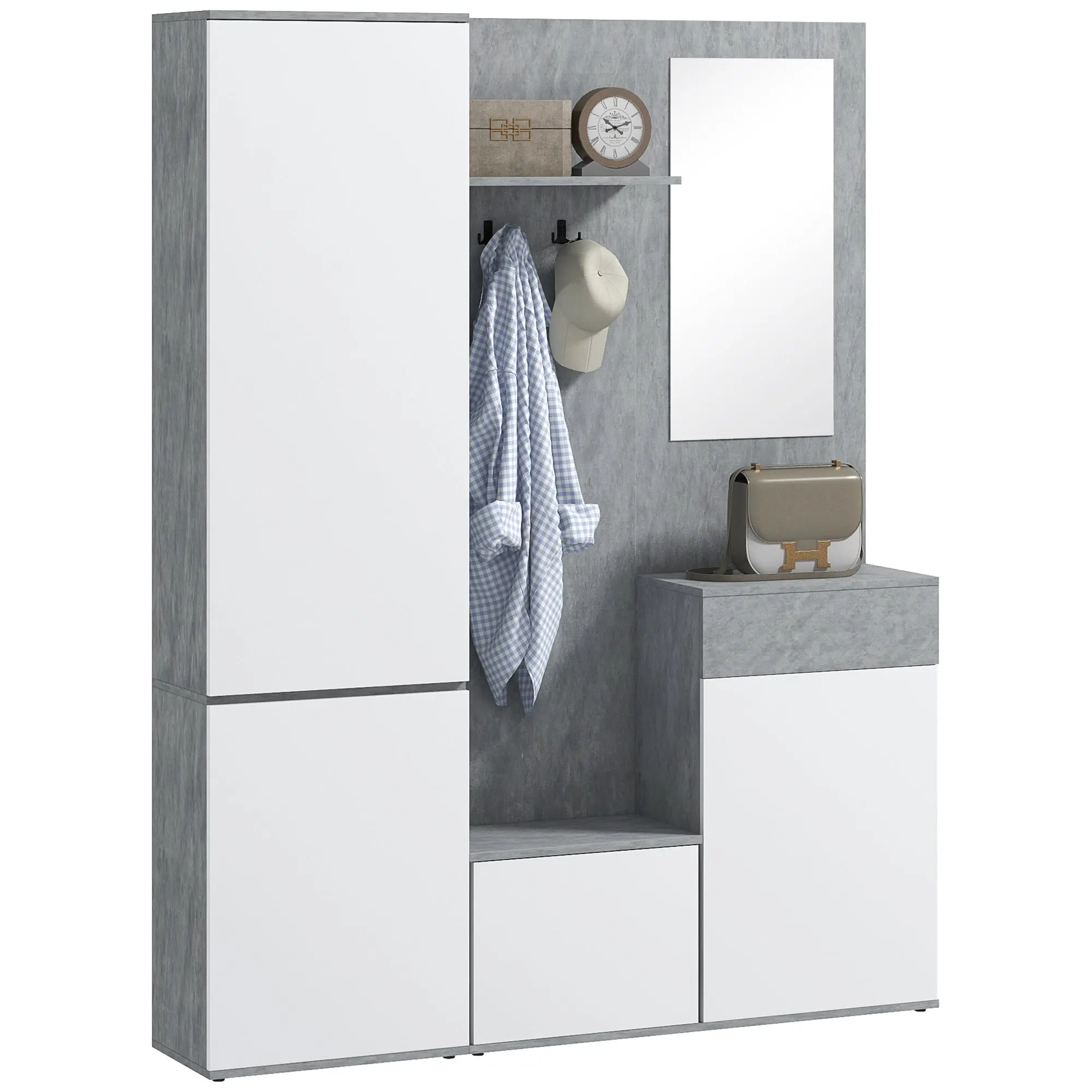Entryway 4-in-1 Coat Rack Mobile with Mirror, Hooks, and Adjustable Interior Shelves, Multi-Purpose Wood Entryway Mobile with Drawer, 145x29x184 cm, Gray and White