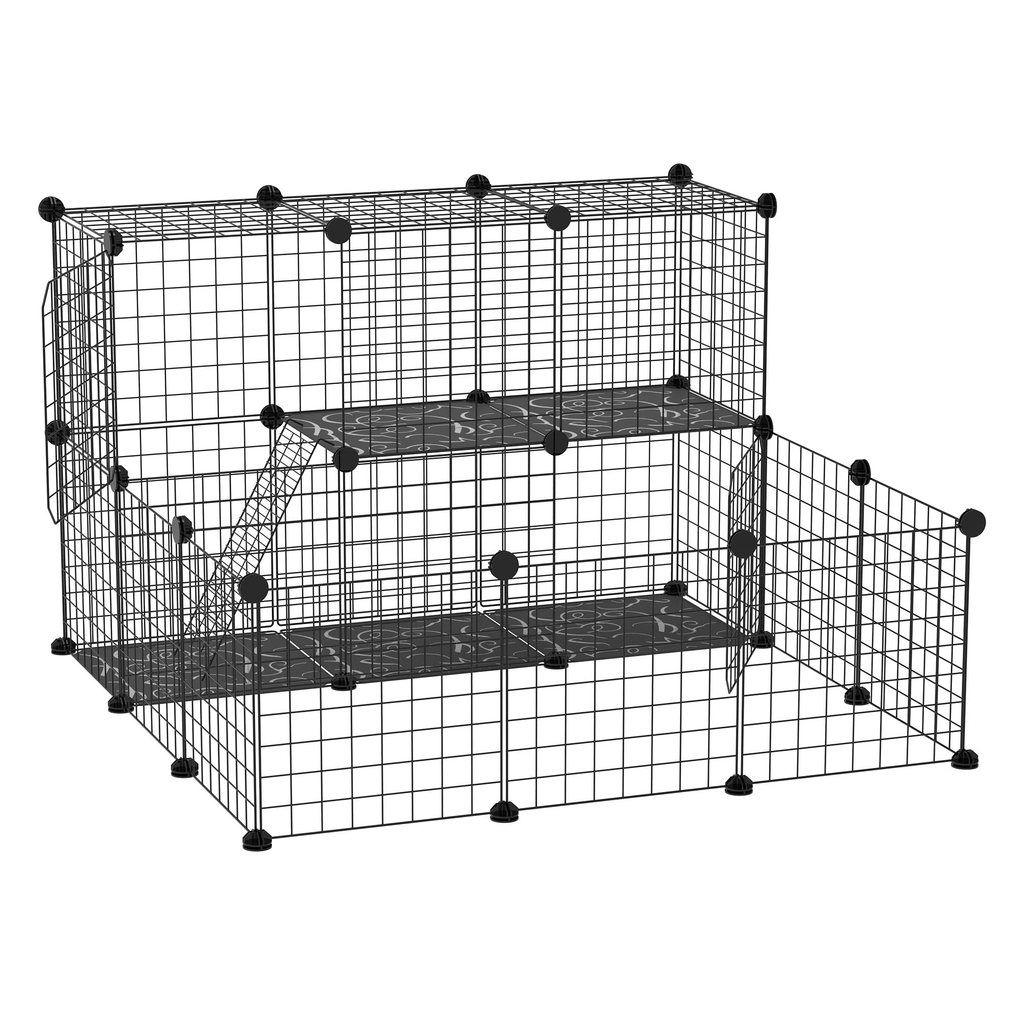 PawHut Kleng Déier DIY Zäitsinn mat 24 Panelen - Spillpen mat Drahtnetz Modulär Käfeg fir Meerschweinchen, Kanénger an Chinchillen 105x105x70 cm Schwaarz