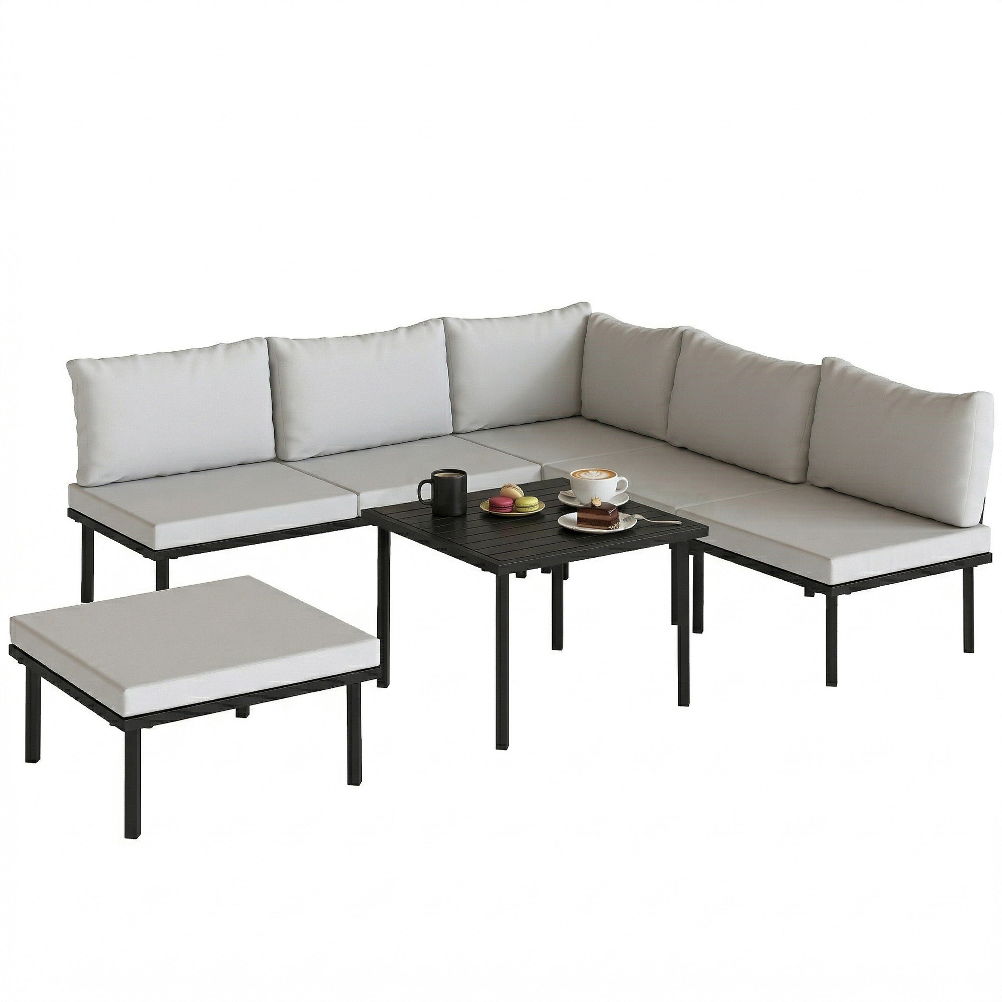 Outsunny 6‑teiliges Outdoor‑Lounge‑Set für 5–6 Personen – 2‑Sitzer, Eckstuhl, 2 Stühle, Hocker & Metall‑Couchtisch – Dicke Polster, Hellgrau