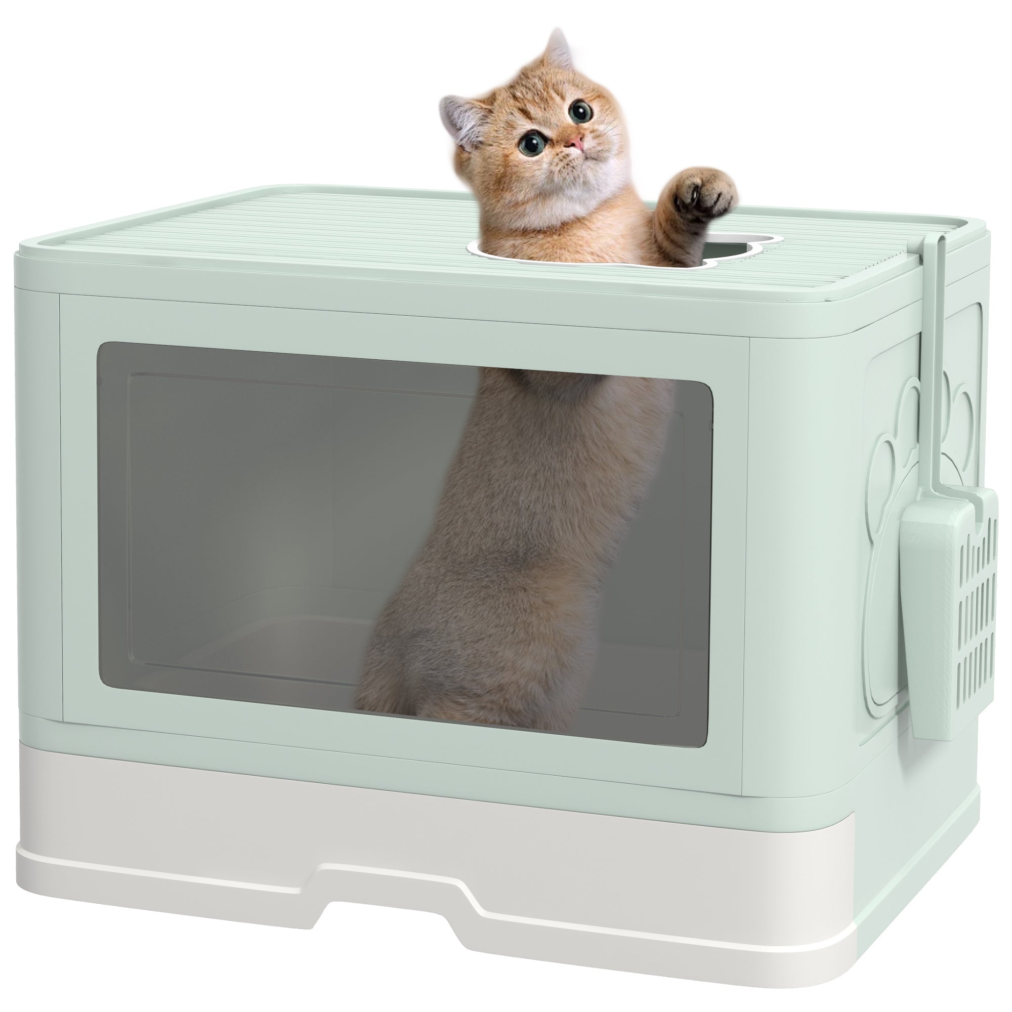PawHut Pokrita Mačja Stran Litter Box z Odstranljivo Posodo, Kloščenjem in Ščetko, 2 Vrata, Sprednji Vhod in Zgornji Izhod 48,5x38x36,5 cm Svetlo Zelena in Bela