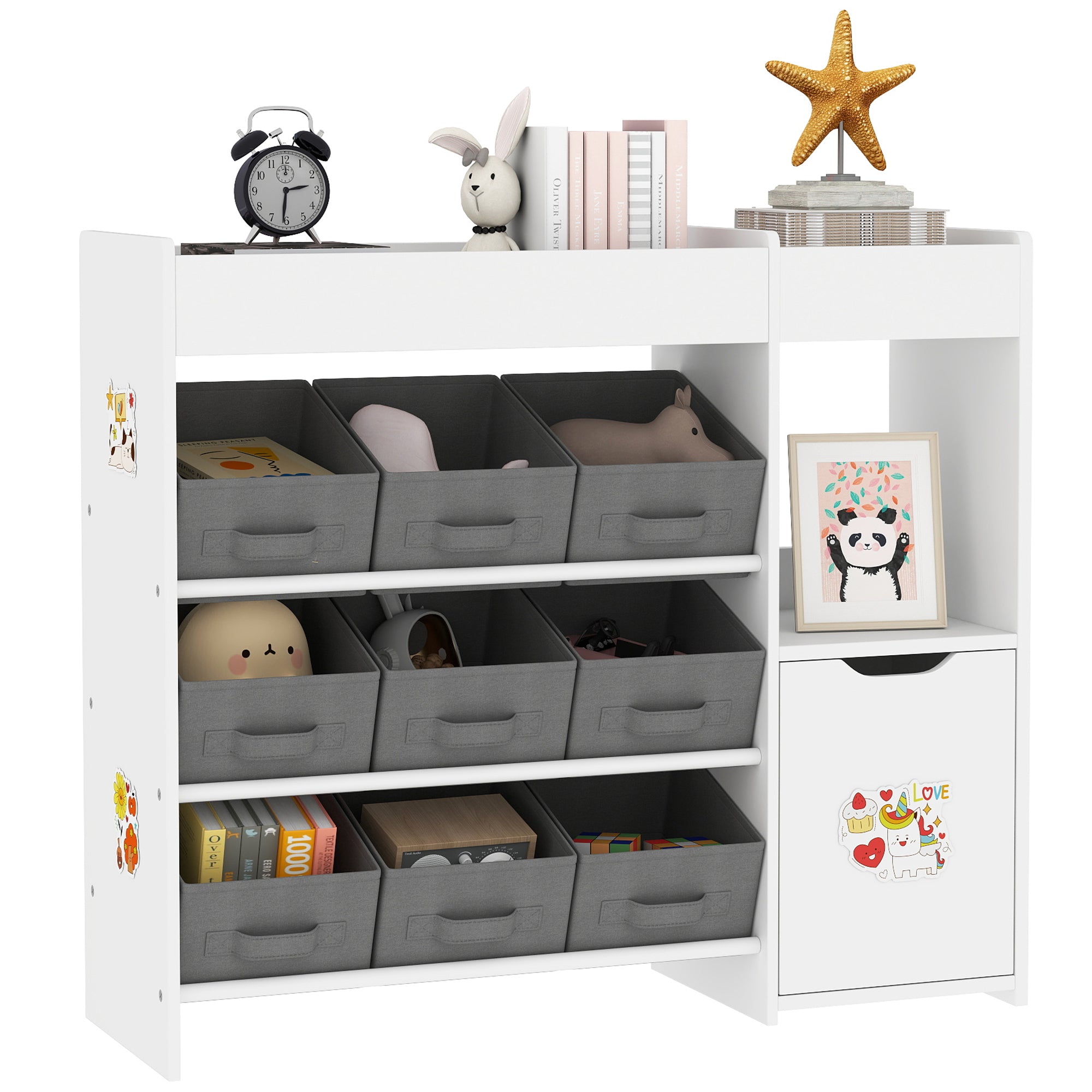 AIYAPLAY Speelgoedkast voor Kinderen Organisator met 9 Afneembare Mandjes en Stickerbladen voor Kinderkamer of Speelkamer 92x30x80 cm Wit