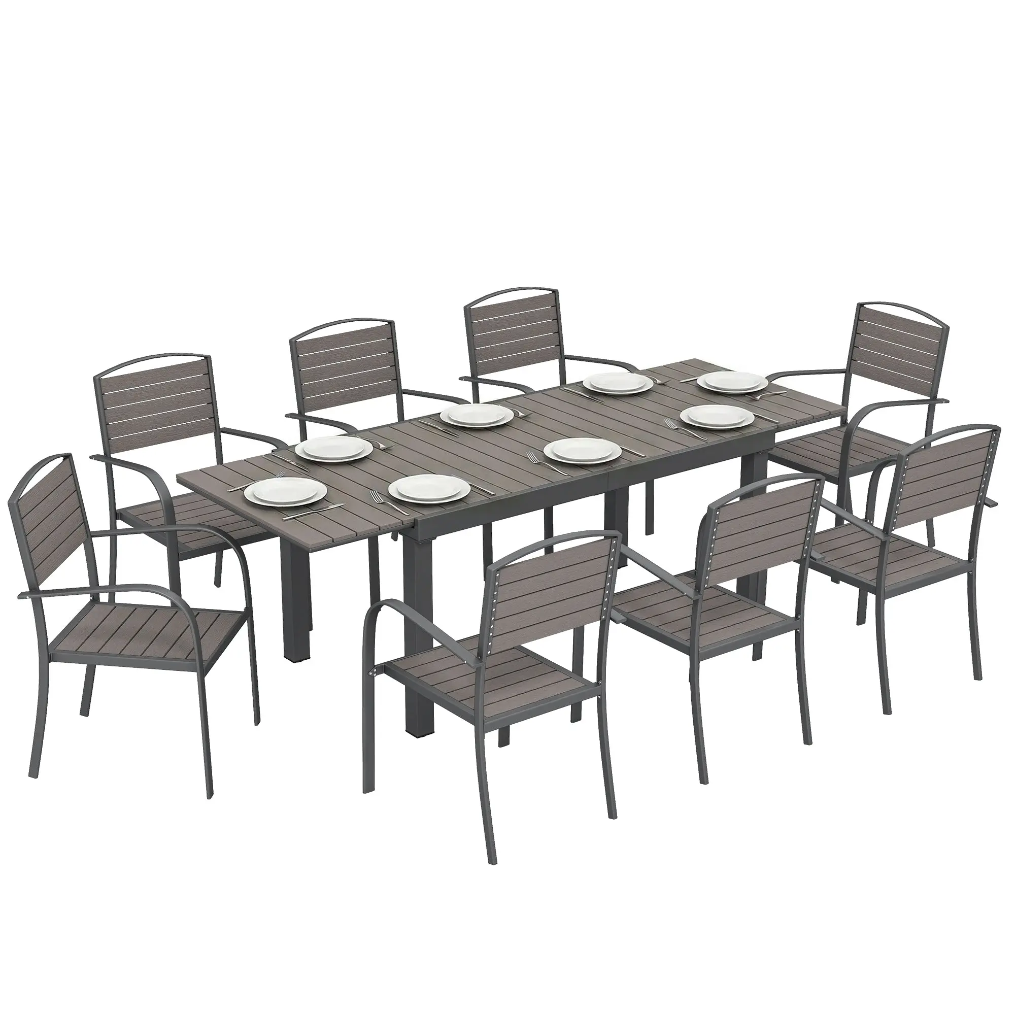9-Piece Outdoor Dining Set — Extendable Table with 8 Armchairs, Powder-Coated Aluminum Frame, Wood-Effect Slatted Top, Gray