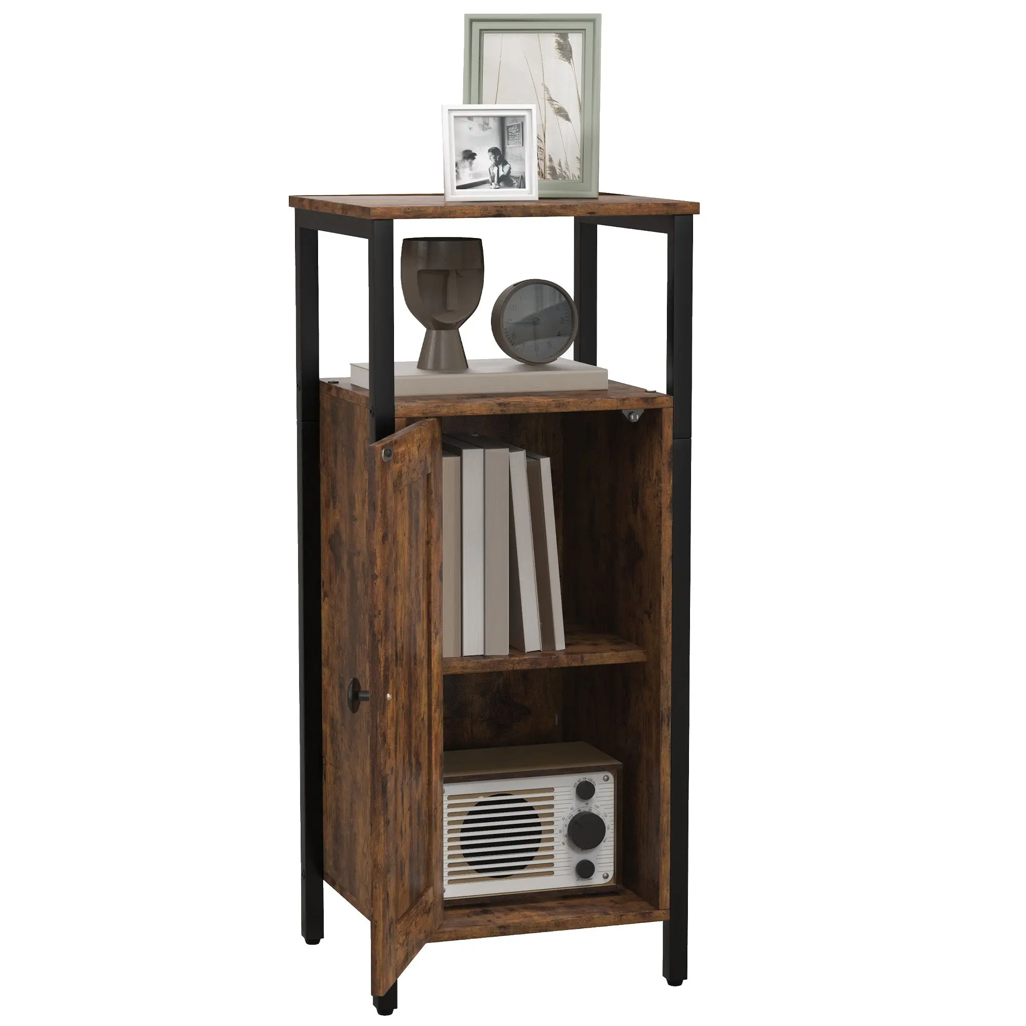 Side Table Narrow Coffee Table with Cabinet and Two Open Shelves, End Table Coffee Table Bedside Table for Living Room Bedroom 34 x 30 x 80 cm Rustic Brown