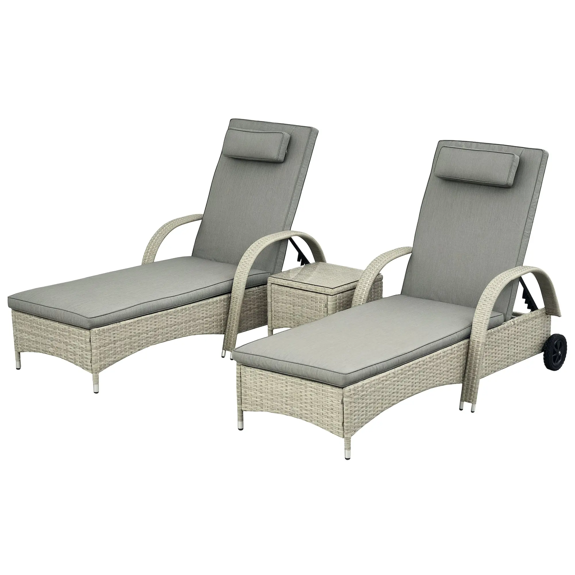 Sun Lounger Garden Table 3-Piece Garden Furniture Set, Polyrattan+Metal Gray