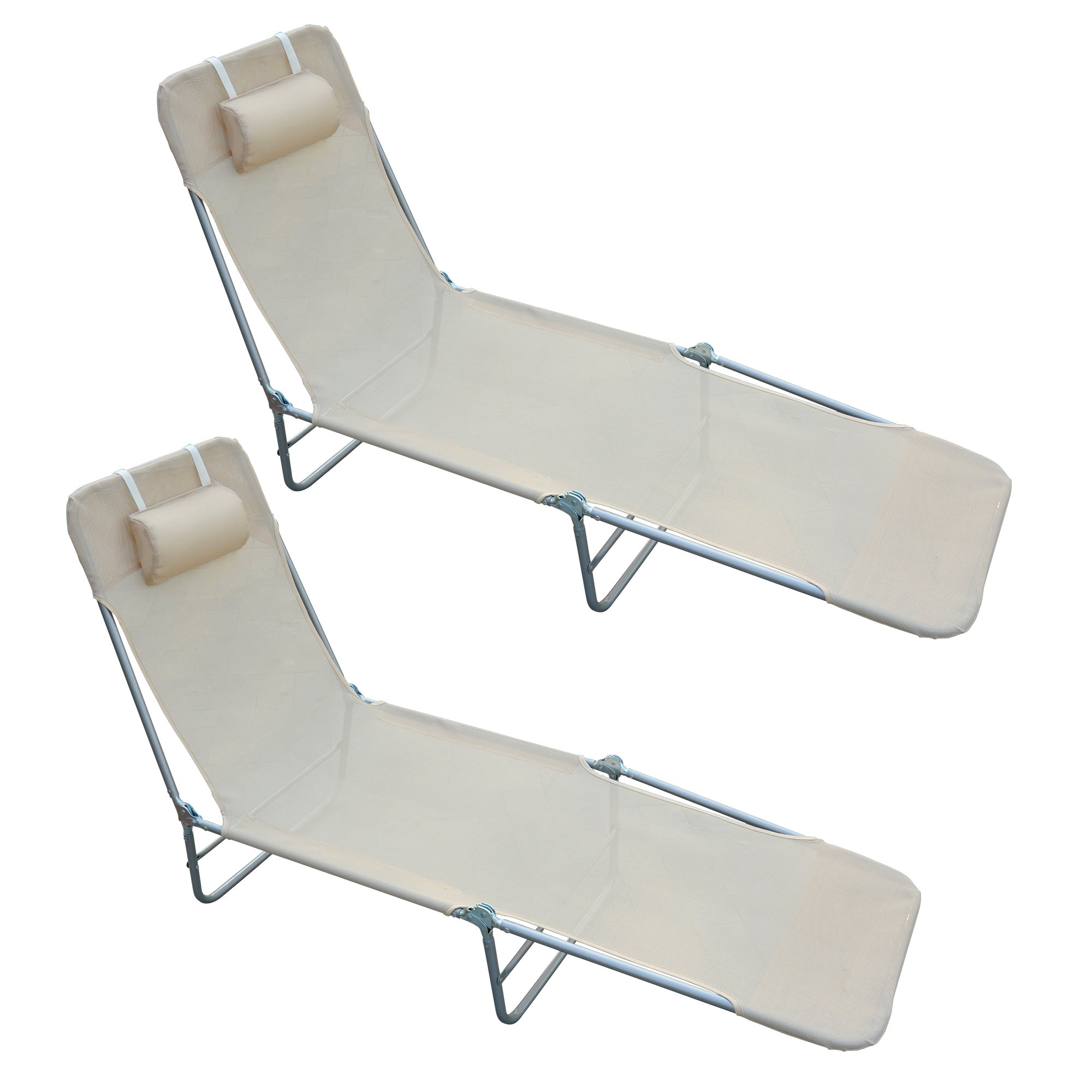Set of 2 Foldable Sun Loungers with 4-Level Reclining Backrest, Steel and Mesh Fabric Garden Recliner, Beige