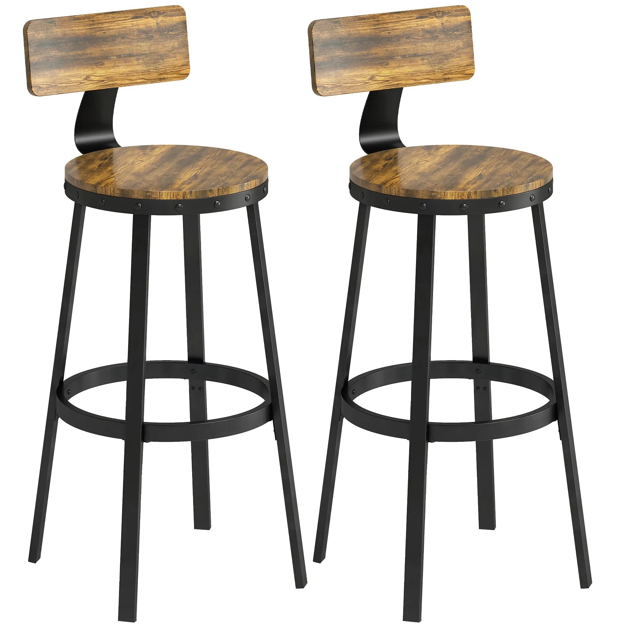 2-Pack Bar Stools with Backrest & Footrest, Metal Frame, Rustic Brown Seat