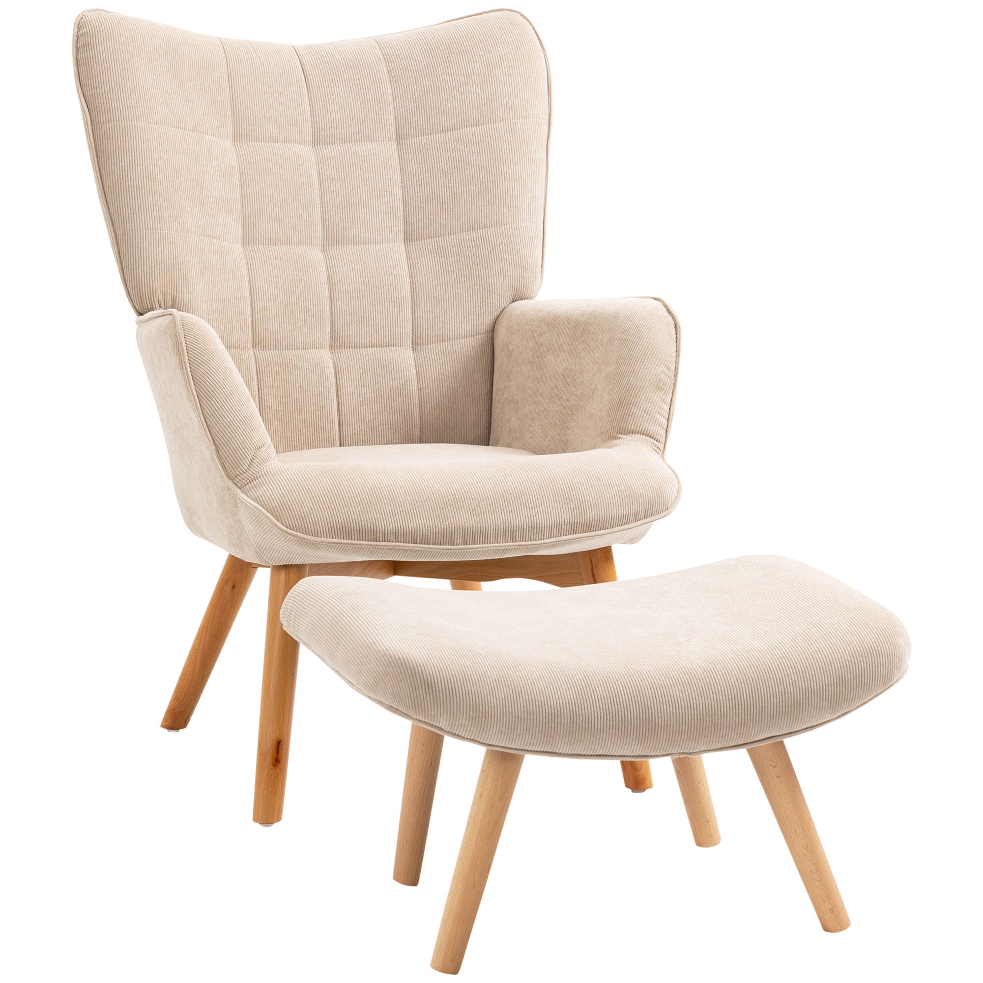 Wingback Chair with Ottoman Accent Armchair High Back Lounge Chair Corduroy Fabric Tufted Design Wooden Legs Reading Chair Set for Living Room Bedroom Beige