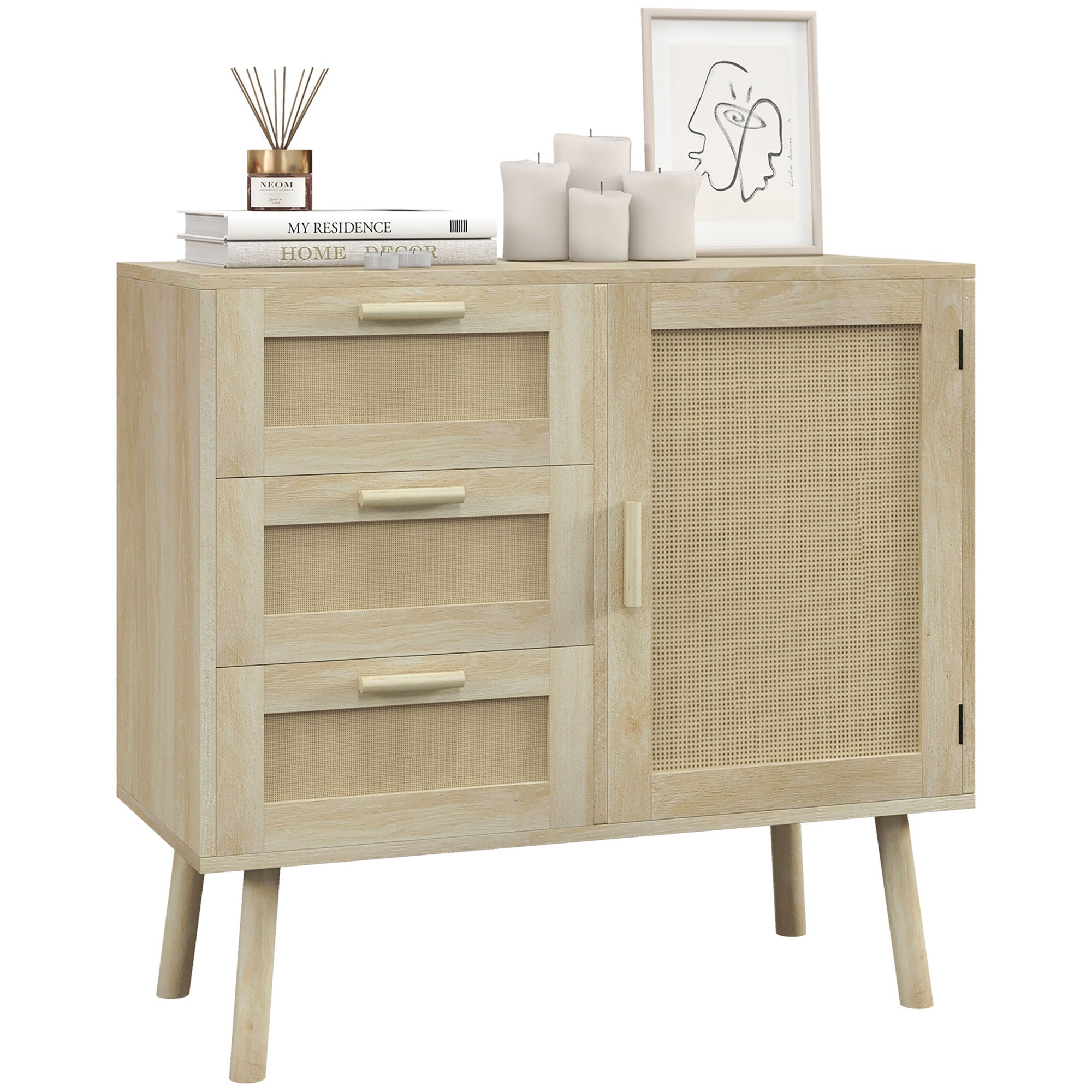 HOMCOM Sokoldalú Boho Stílusú Szekrény Ajtóval és 3 Fiókkal Fából és Rattanból, 80x36x75 cm, Tölgy