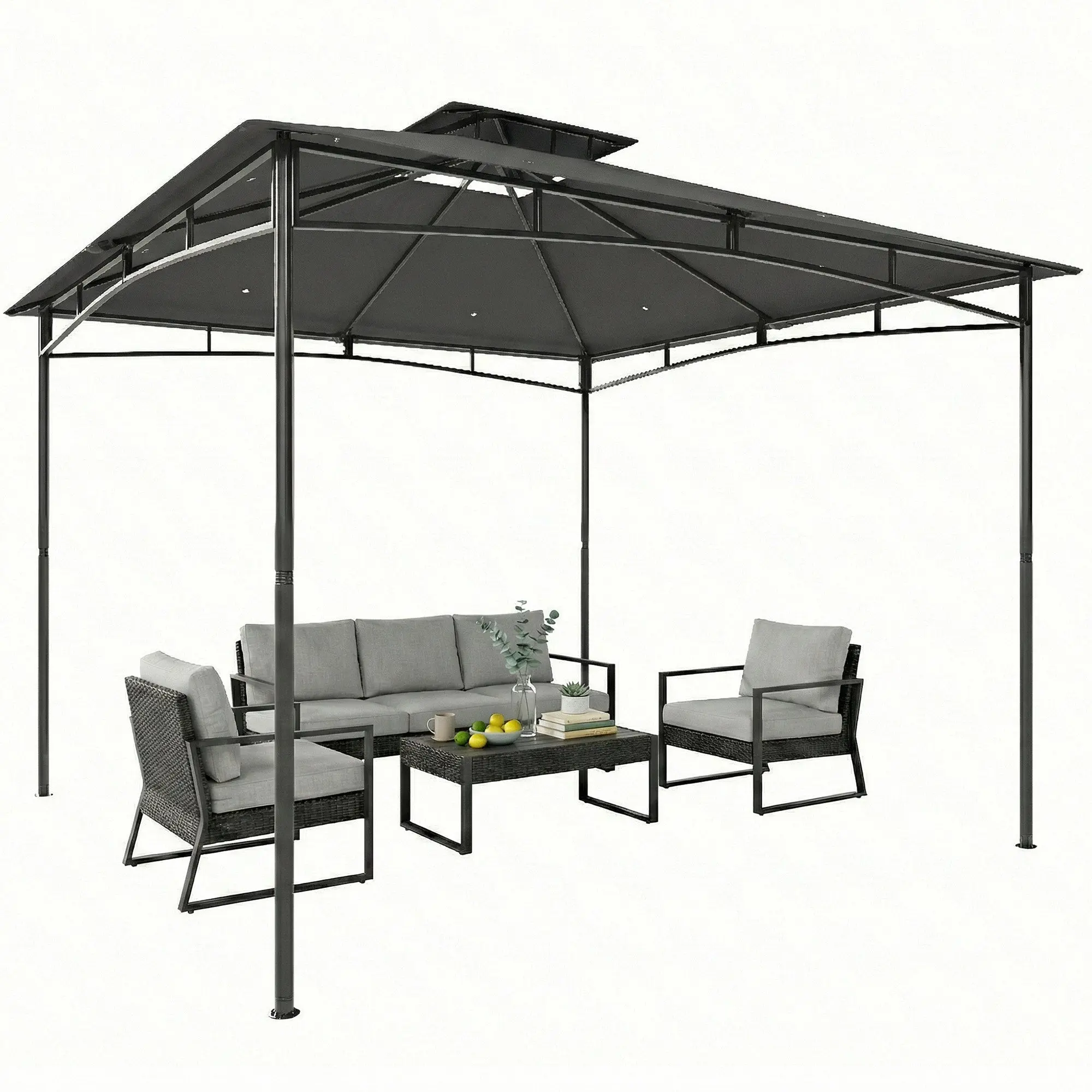3x3m Garden Gazebo with Double Roof, Water-Resistant UPF50+ Canopy, Powder-Coated Metal Frame, Ground Stakes, Dark Grey
