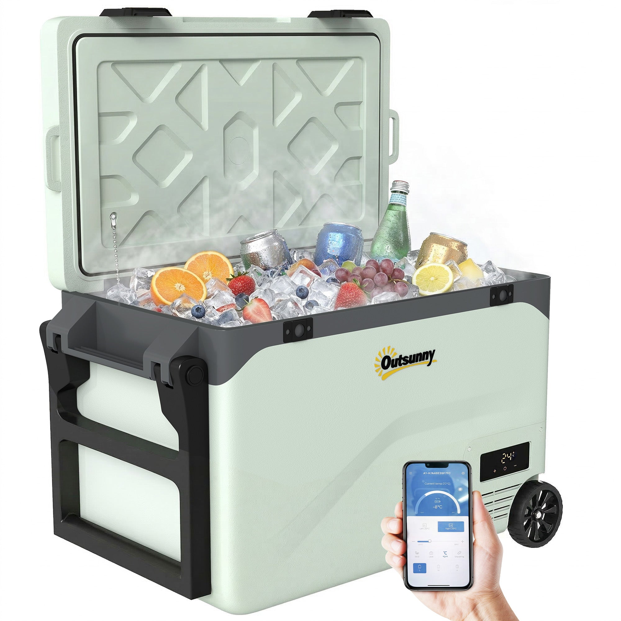 Outsunny 42,5 l portabel elektresche Kjëler (12/24/240 V) — Kompressor-Frigo/Gefrier, Bluetooth-App, LED-Display, ECO- & MAX-Modi, Griiff, Telefonhalter, Rieder (Gréng/Schwaarz)