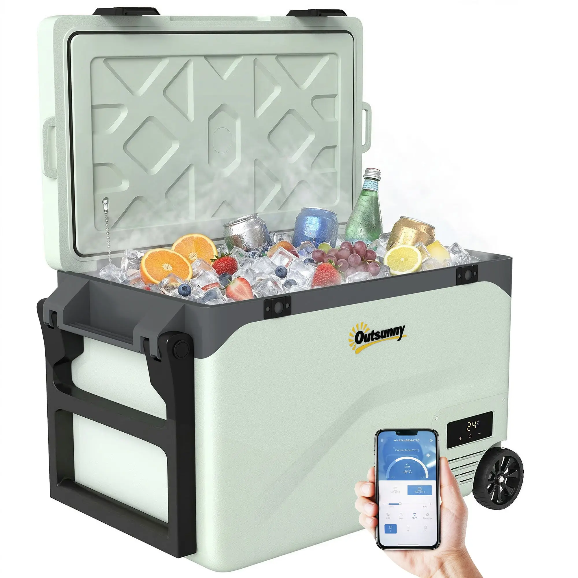 42.5L Portable Electric Cooler (12/24/240V) — Compressor Fridge/Freezer, Bluetooth App, LED Display, ECO & MAX Modes, Handle, Phone Holder, Wheels (Green/Black)