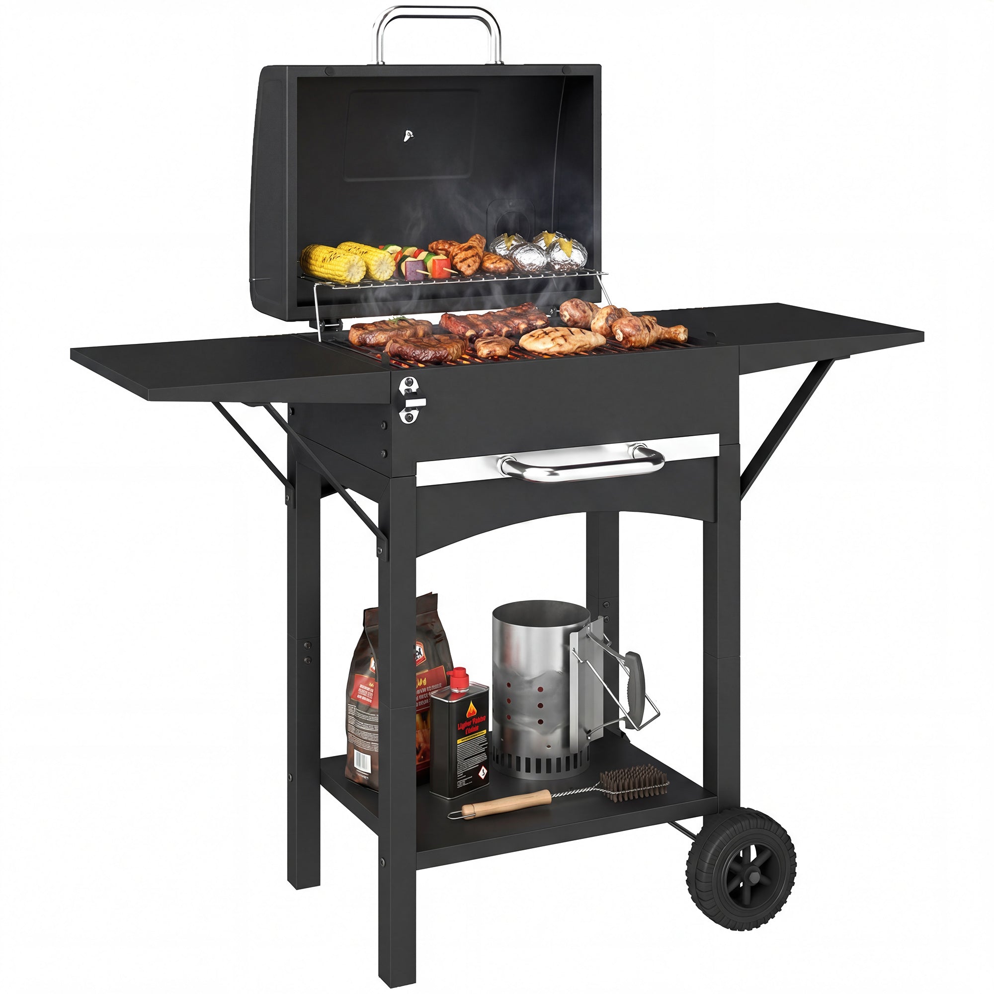 Outsunny Holzkohlegrill mat Deckel — Smoker-Karre mat 2 Seiteställ, grousser Kachfläch, Thermometer & Räder, 110 x 46,5 x 101 cm (Schwaarz)
