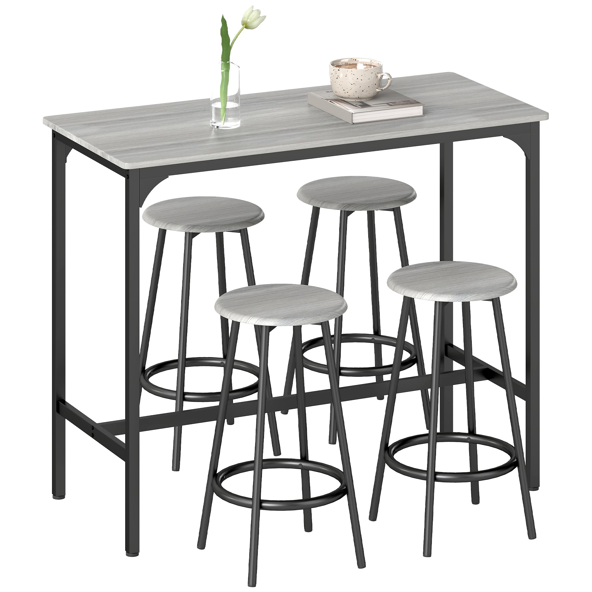 HOMCOM Bartisch mit Barhocker Set, 5-teiliges Bartisch Set, Küchentisch mit 4 Barhockern, Essgruppe im Industriellen Design, für Küche, Esszimmer, Metall, Grau