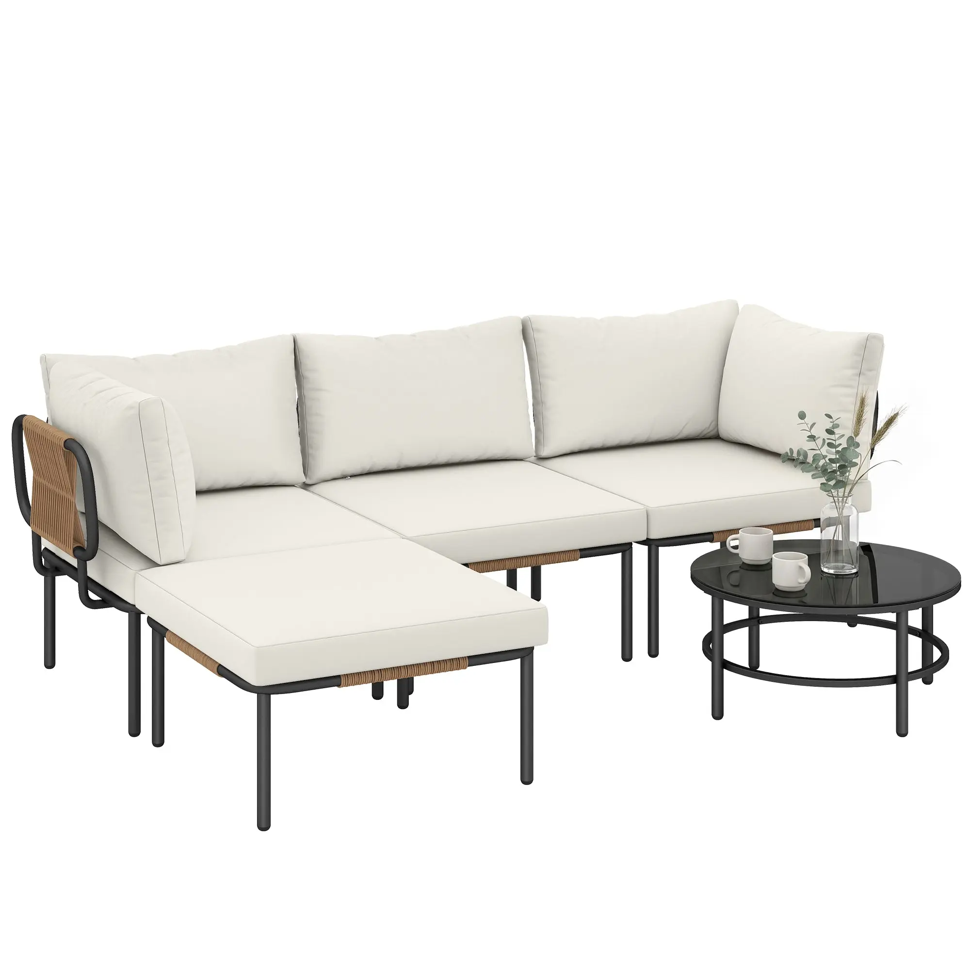5-Piece Khaki L-Shaped Outdoor Rattan Sofa Set with Ottoman, Tempered Glass Table & Washable Cushions – Steel Frame, Deep Seating for Balcony & Patio