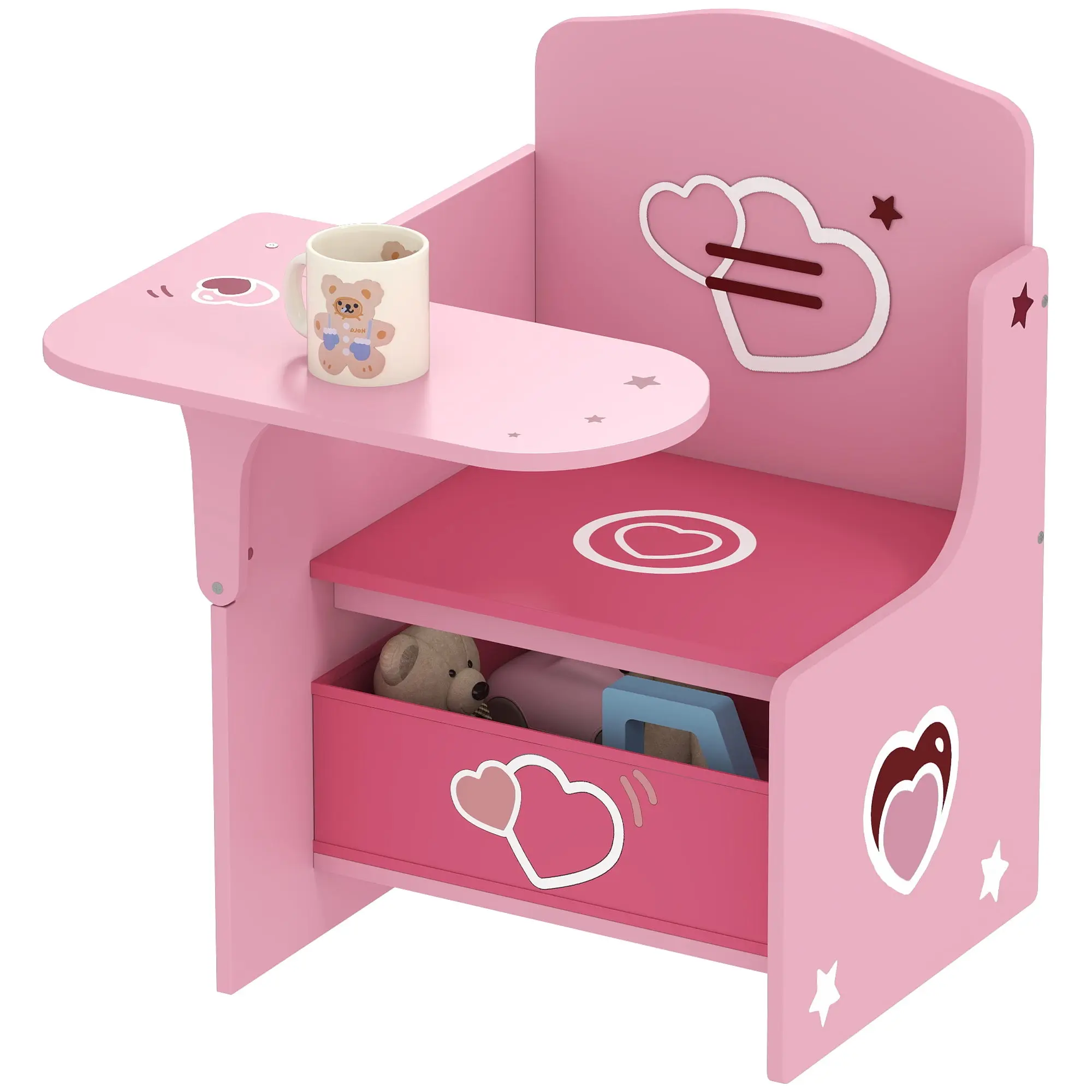 2-in-1 Kids Table & Chair Set, MDF, Pink Hearts, Under-Seat Storage – Ages 3–5