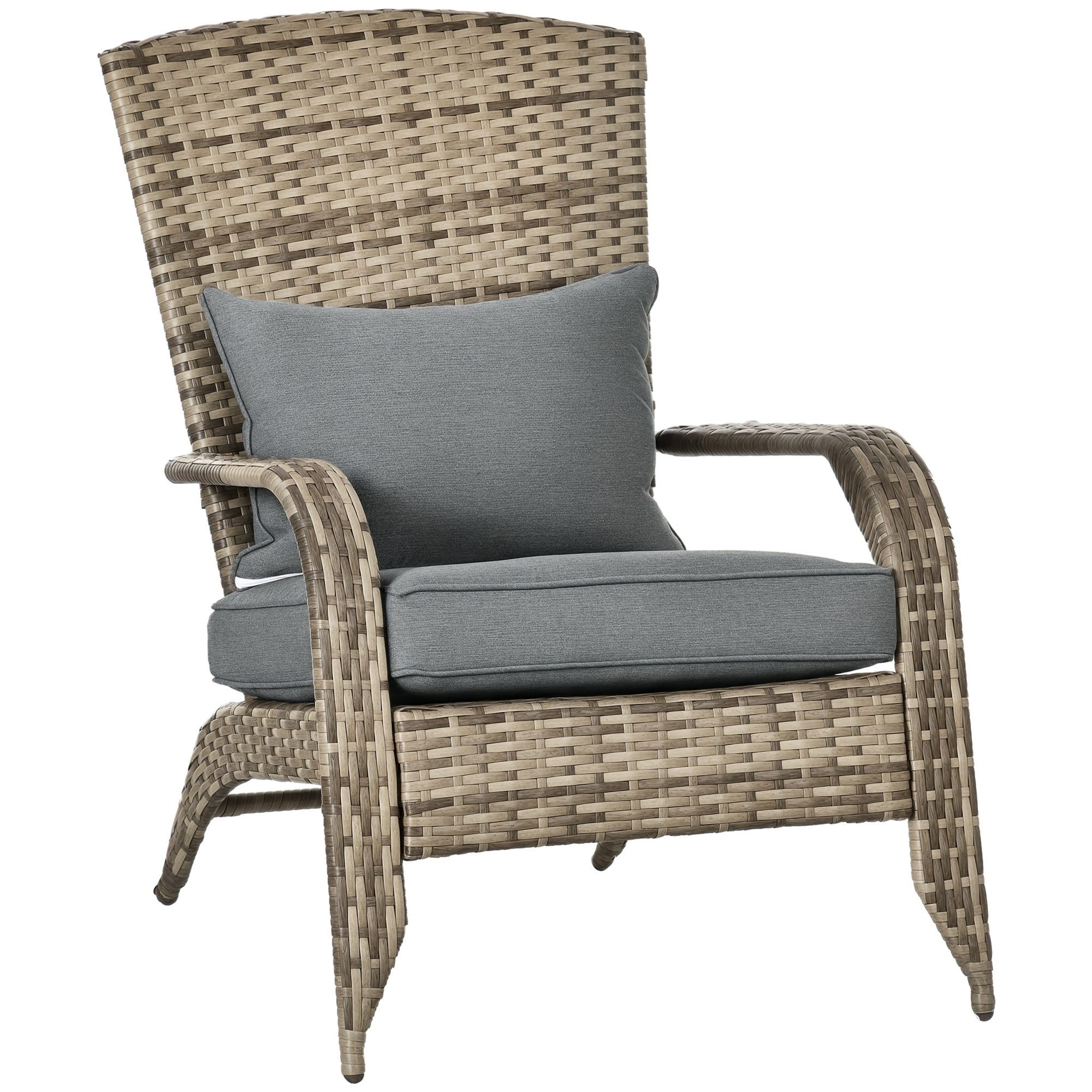 Outsunny Adirondack Gartenstuhl mit Armlehnen und Kissen, Rattan- und Stahlstuhl für drinnen und draußen, 64x80x90 cm, Dunkelgrau