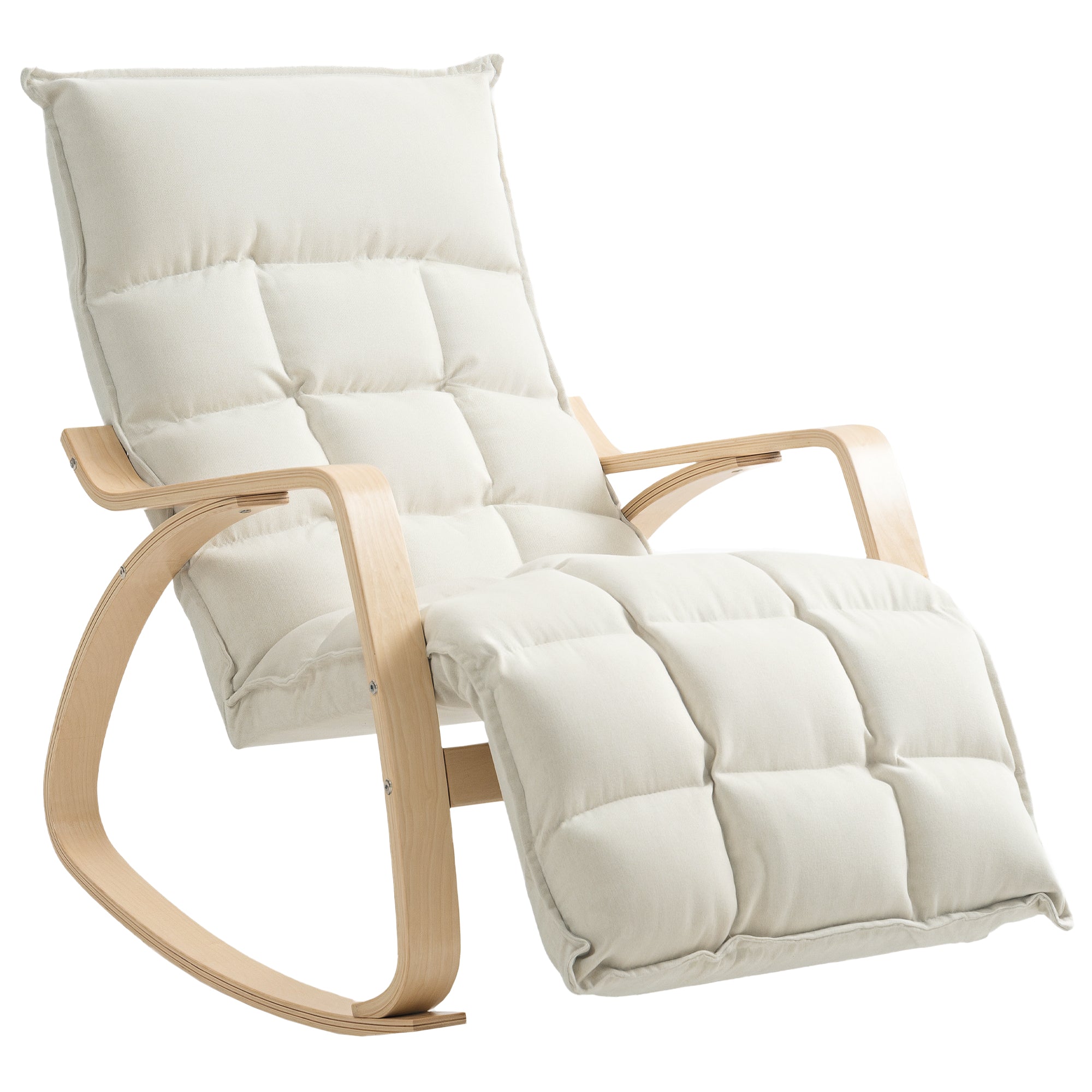 Rocking Chair with Adjustable Footrest Upholstered Recliner Armchair Linen Fabric Rocker Chair for Living Room Bedroom Cream White