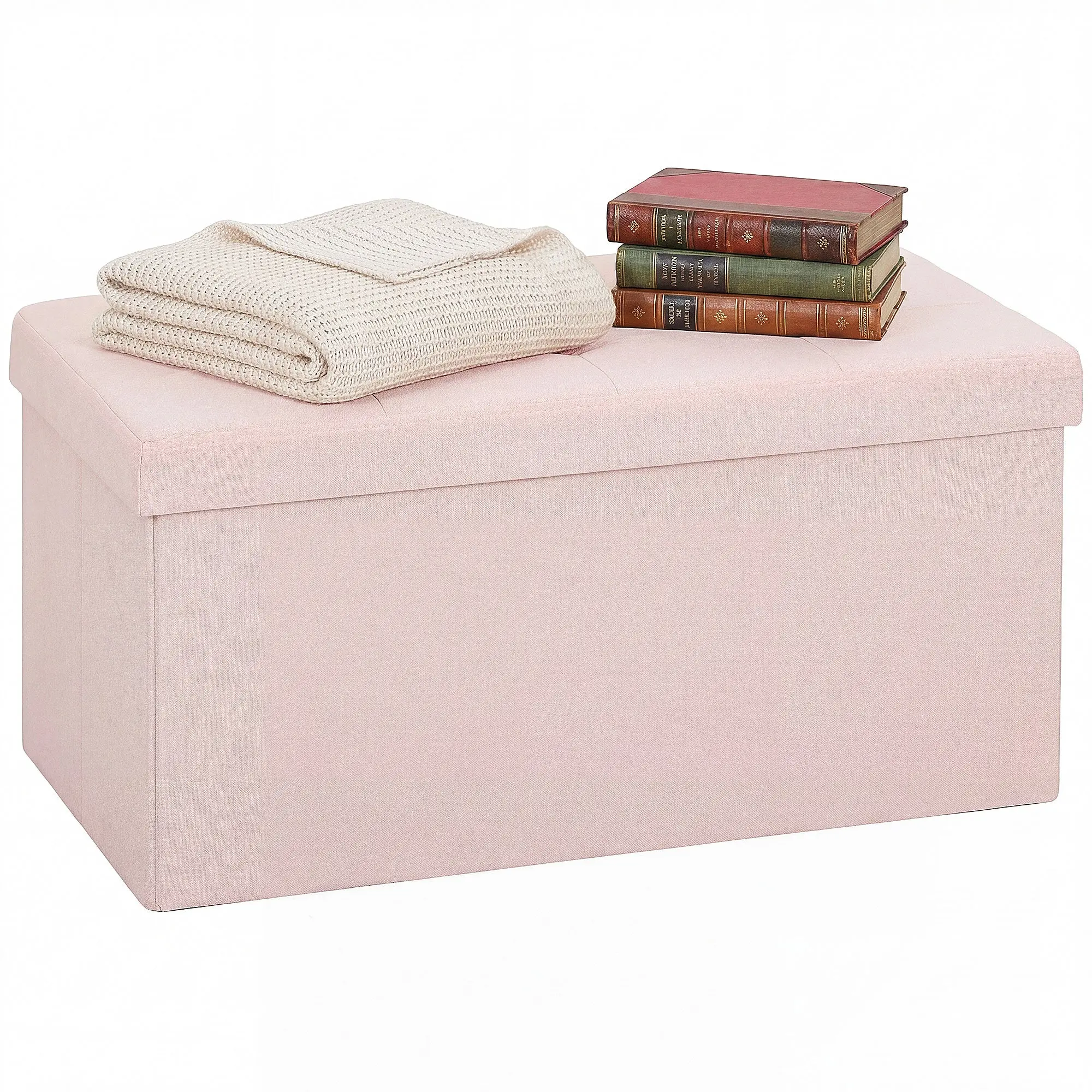 Foldable Storage Ottoman Bench, 84 L (30 x 15 x 15 in) — Linen-Look Upholstery, 265 lb Capacity, Pink