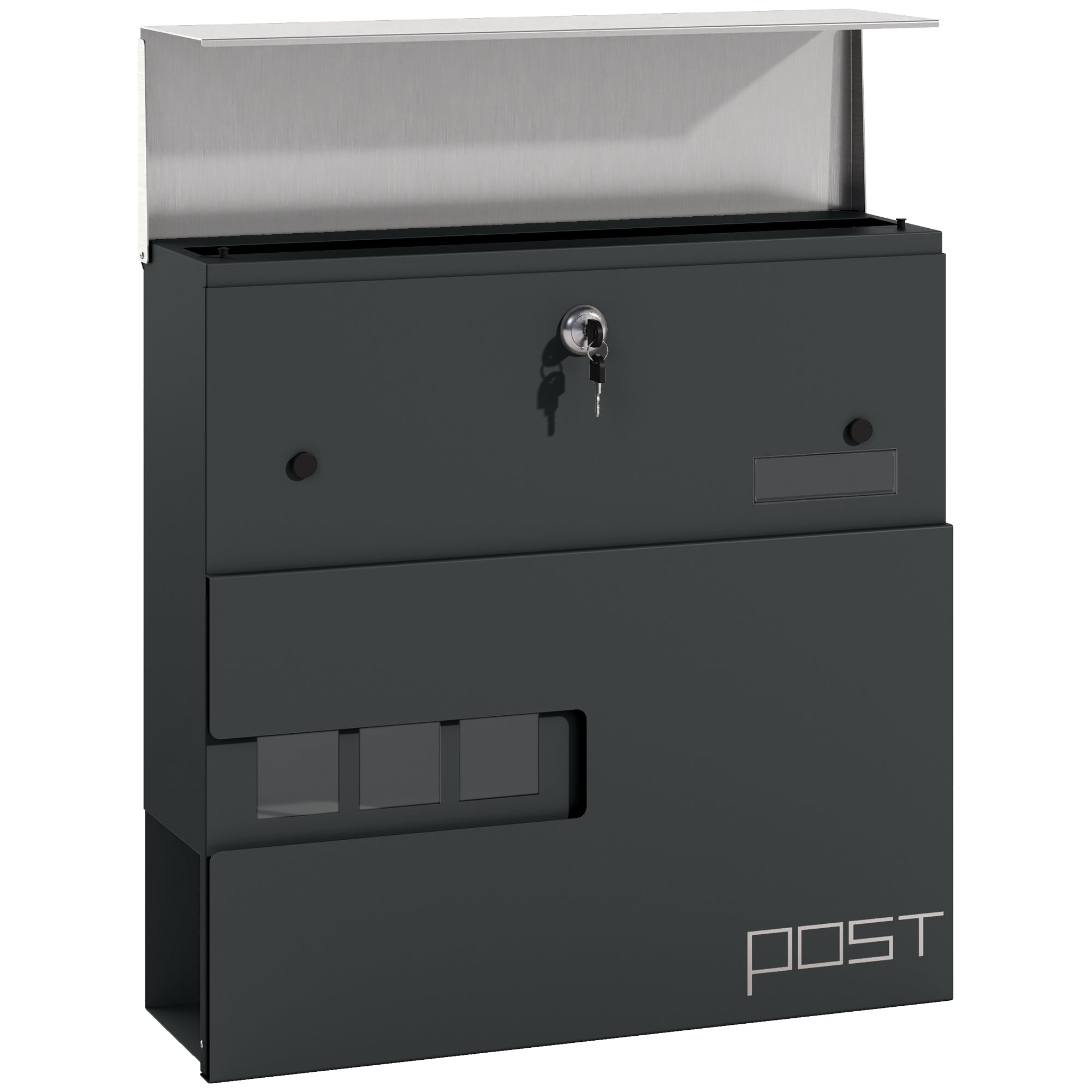 HOMCOM Postkast Seinale Paigaldatav Terasest Postkast, Vaateaken, Lukk, Vasktuum, Välikasutuseks, 37 x 10,5 x 37 cm, Tumehall