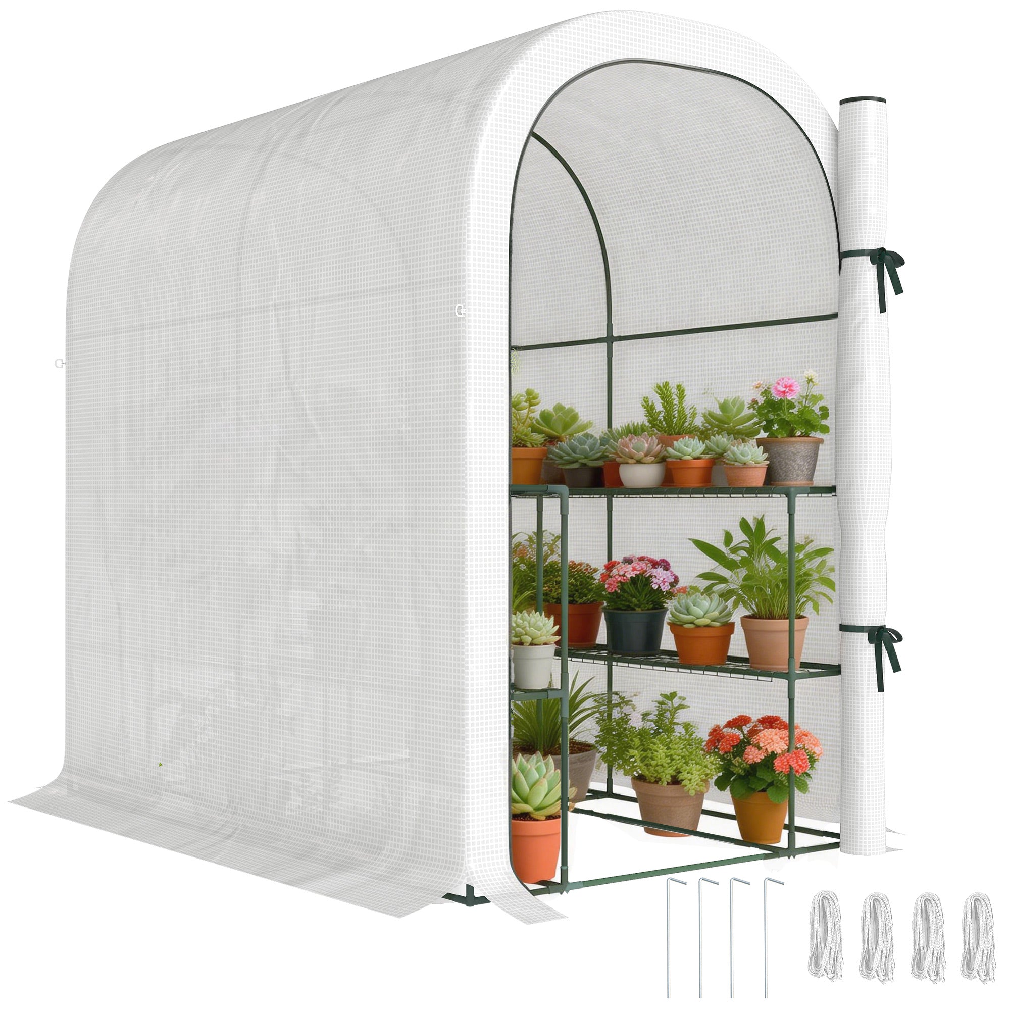 Outsunny Gewächshaus mit Ablagen, 123 x 187 x 189 cm – Aufroll-Tür, 140 g/m² PE-Abdeckung, 10 cm verlängerter Saum, Weiß