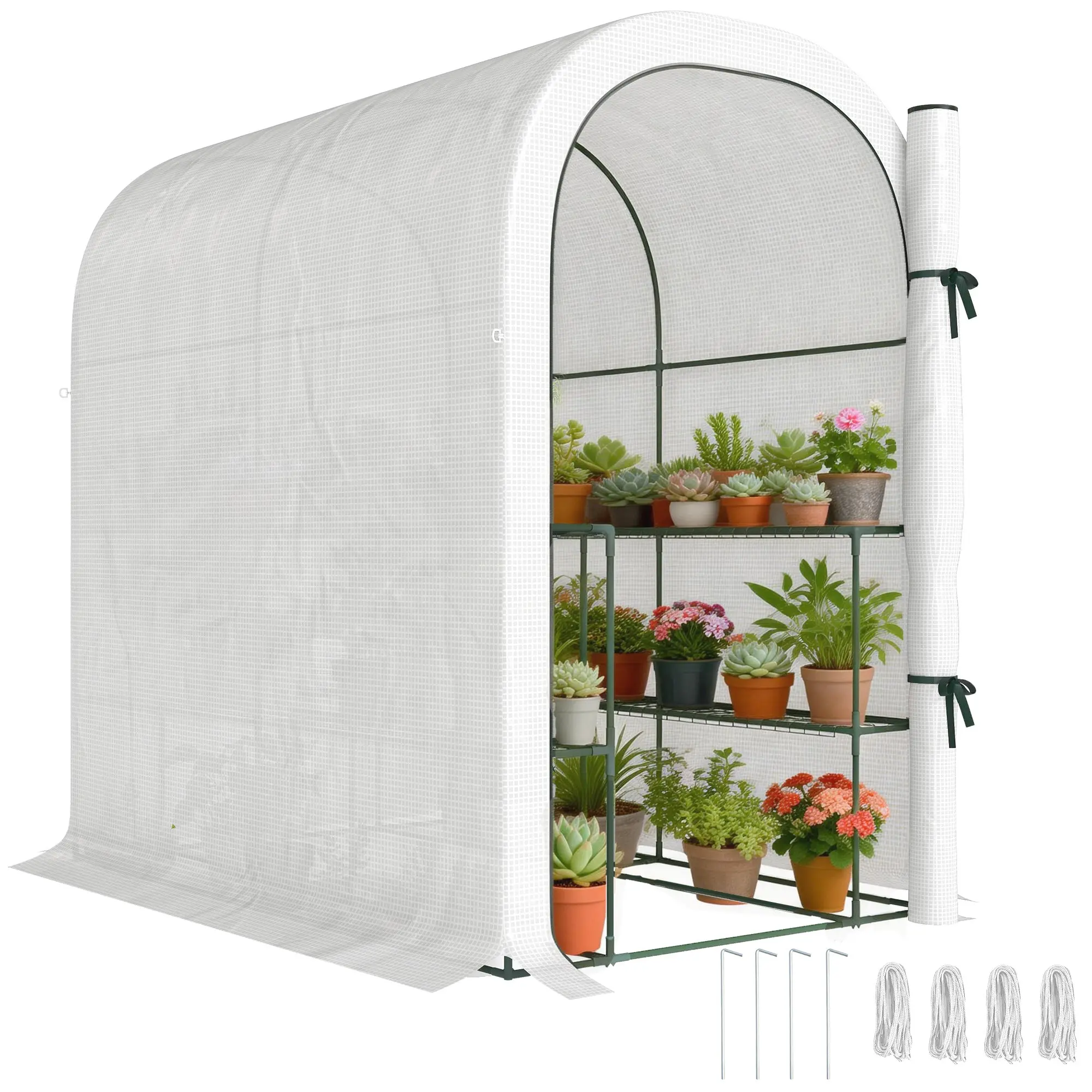 Garden Greenhouse with Shelves, 123 x 187 x 189 cm (48.4 x 73.6 x 74.4 in) – Roll-Up Door, 140 gsm High-Density PE Cover, Extended 10 cm, White