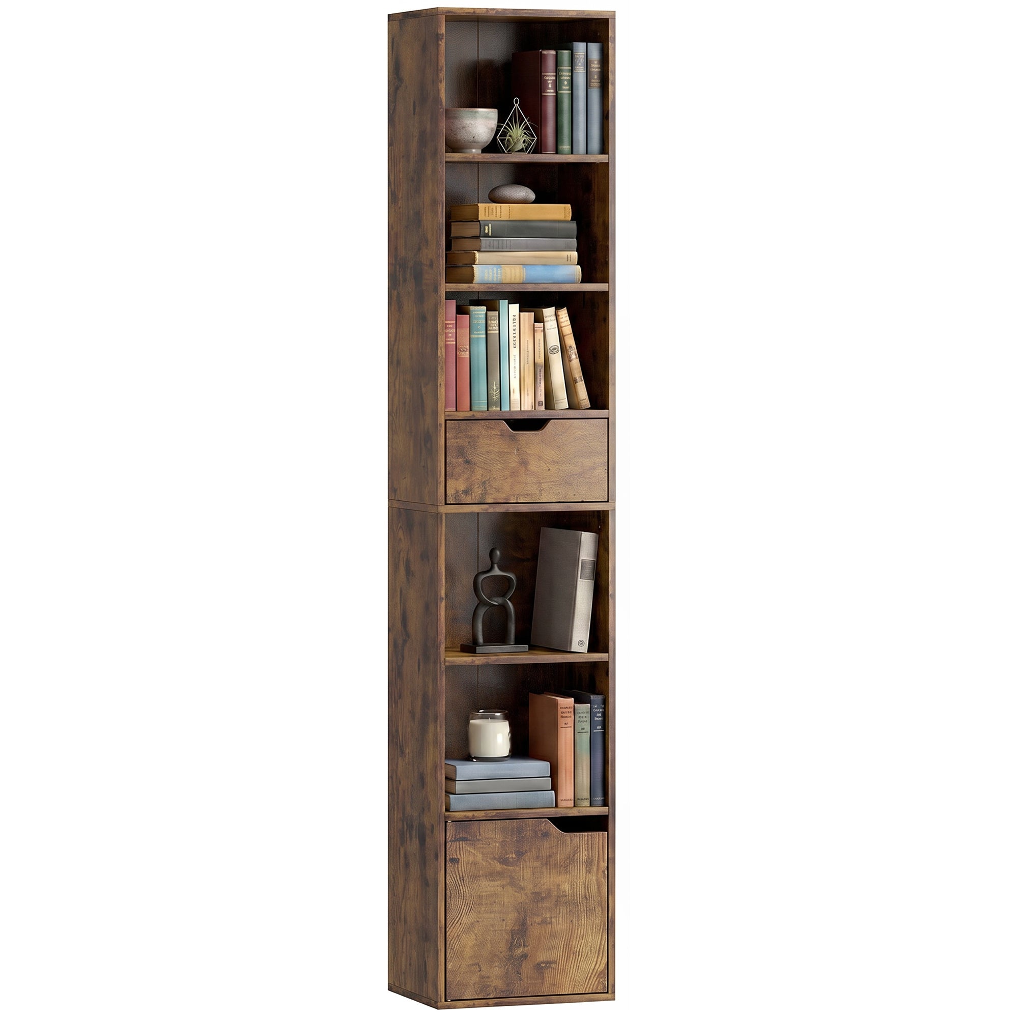 Narrow Bookcase with Drawer, Cabinet & Open Shelves, Rustic Brown, 11.8 x 9.4 x 62.2 in