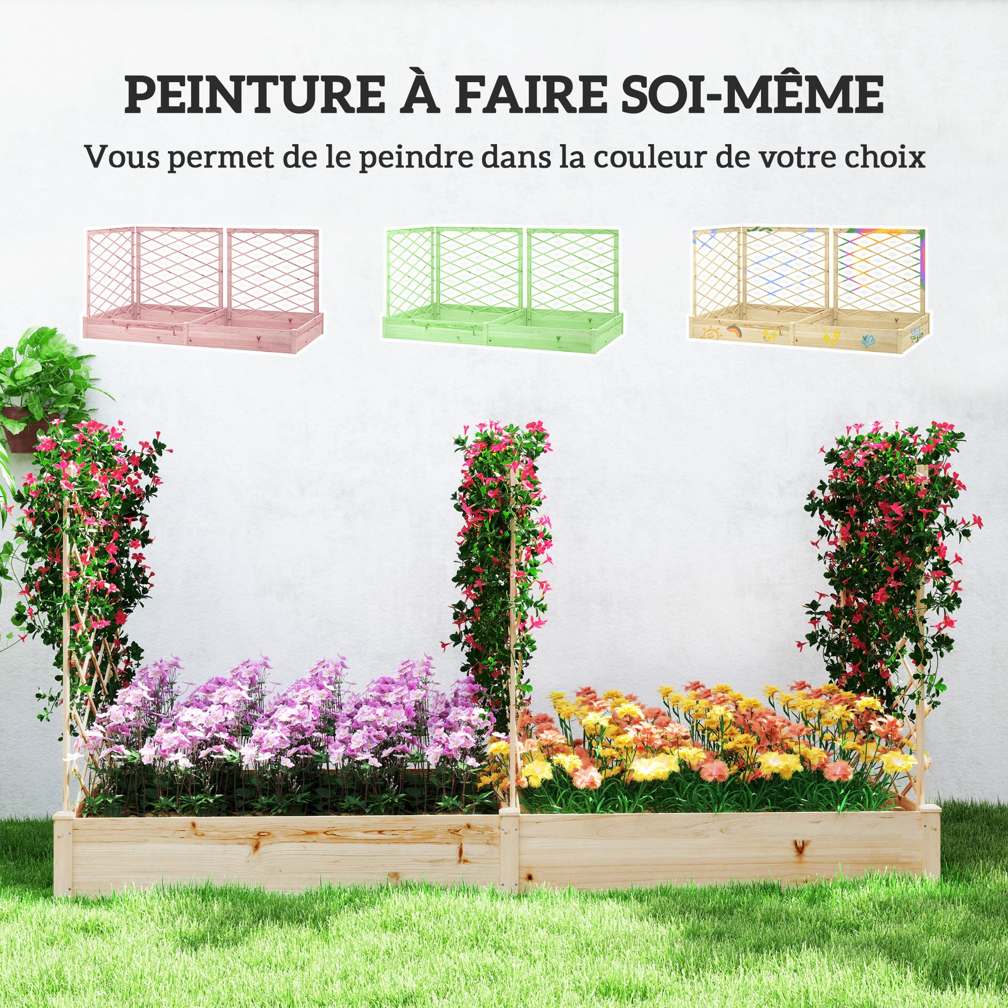 Planter with 3 customizable trellises, garden raised bed, outdoor wooden planter, flower box for balcony terrace patio, 222 x 114 x 109 cm, natural wood effect