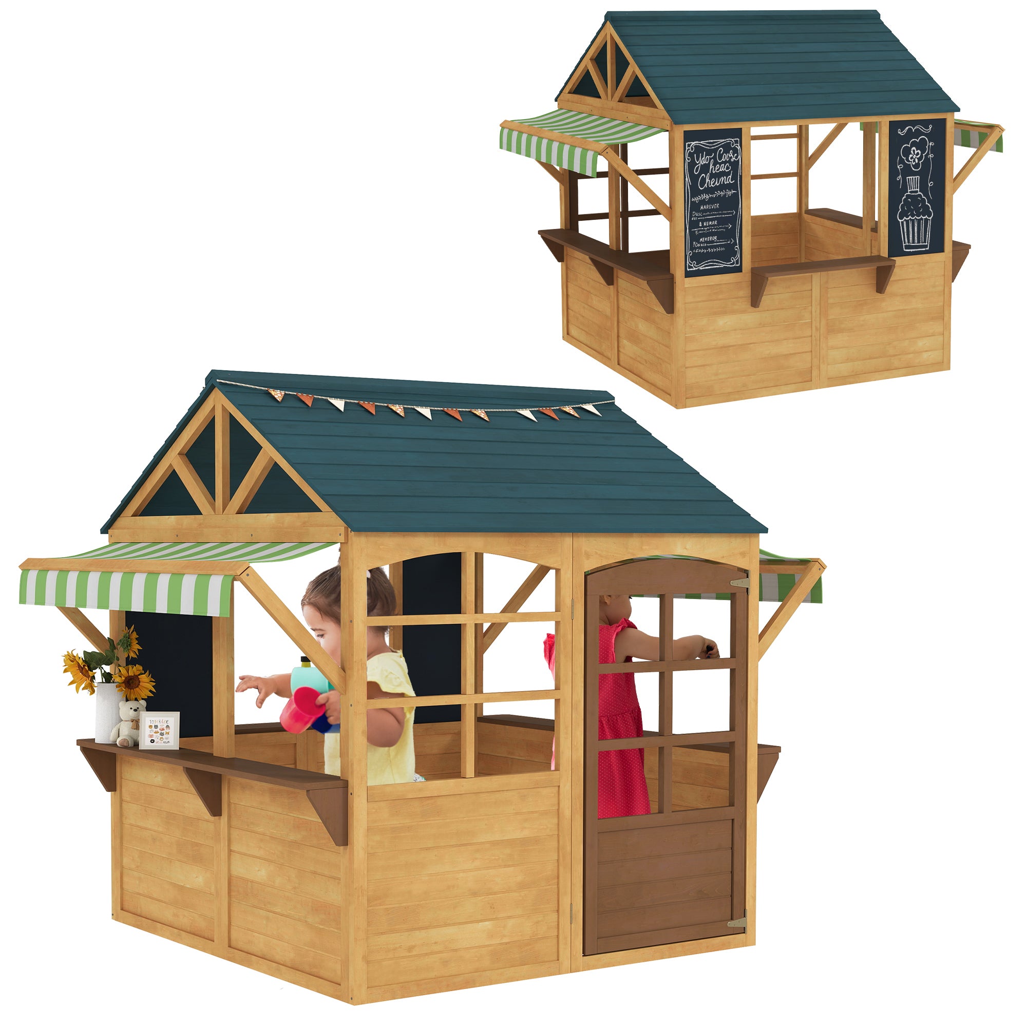 Maisonnette en Bois Pliable AIYAPLAY pour Enfants à l'Extérieur avec Fenêtres, Porte, Appui de Fenêtre, Capots Antidem