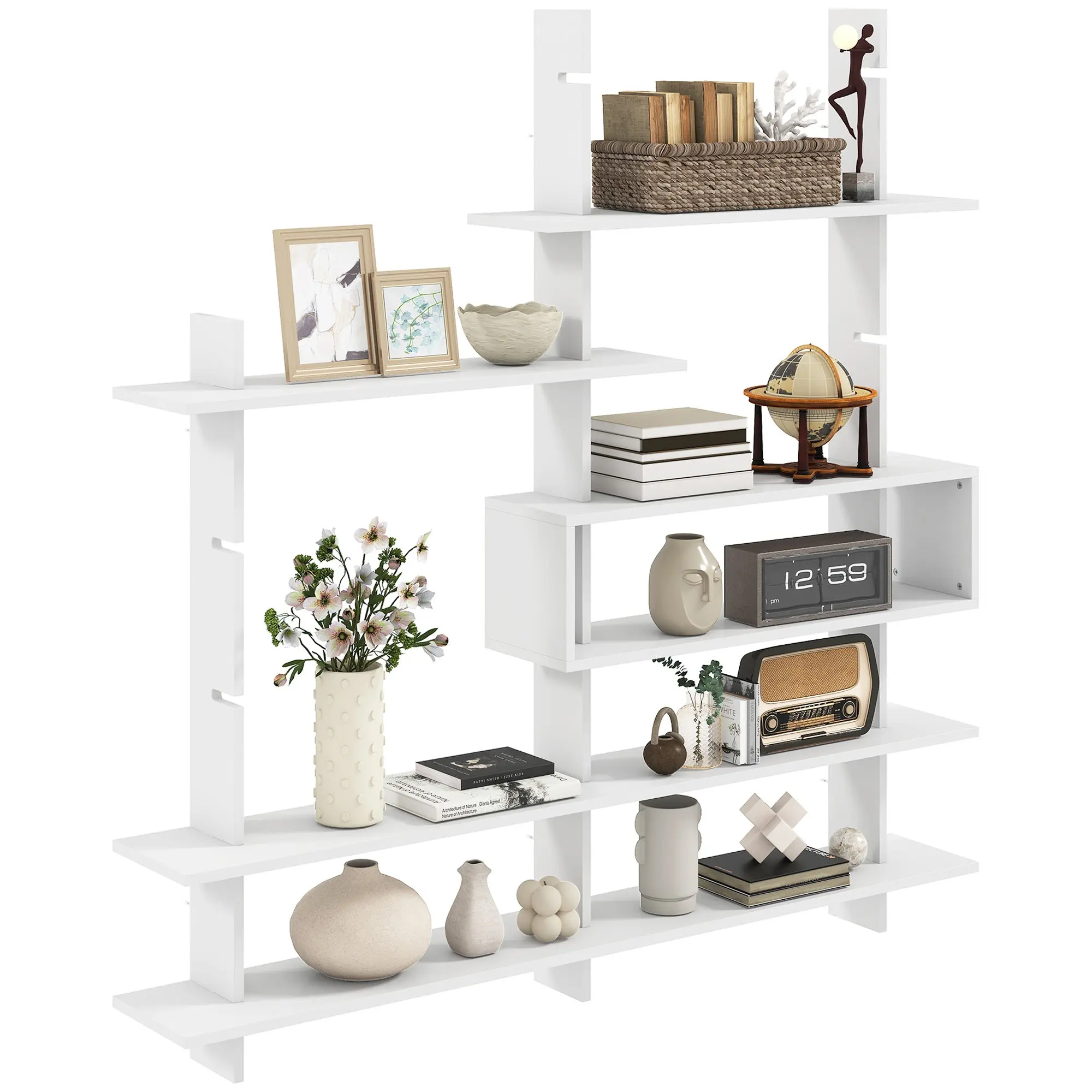 Geometric Wall Shelf — 4 Shelves with Central Rectangular Cubby, Decorative Shelf for Living Room or Bedroom, White