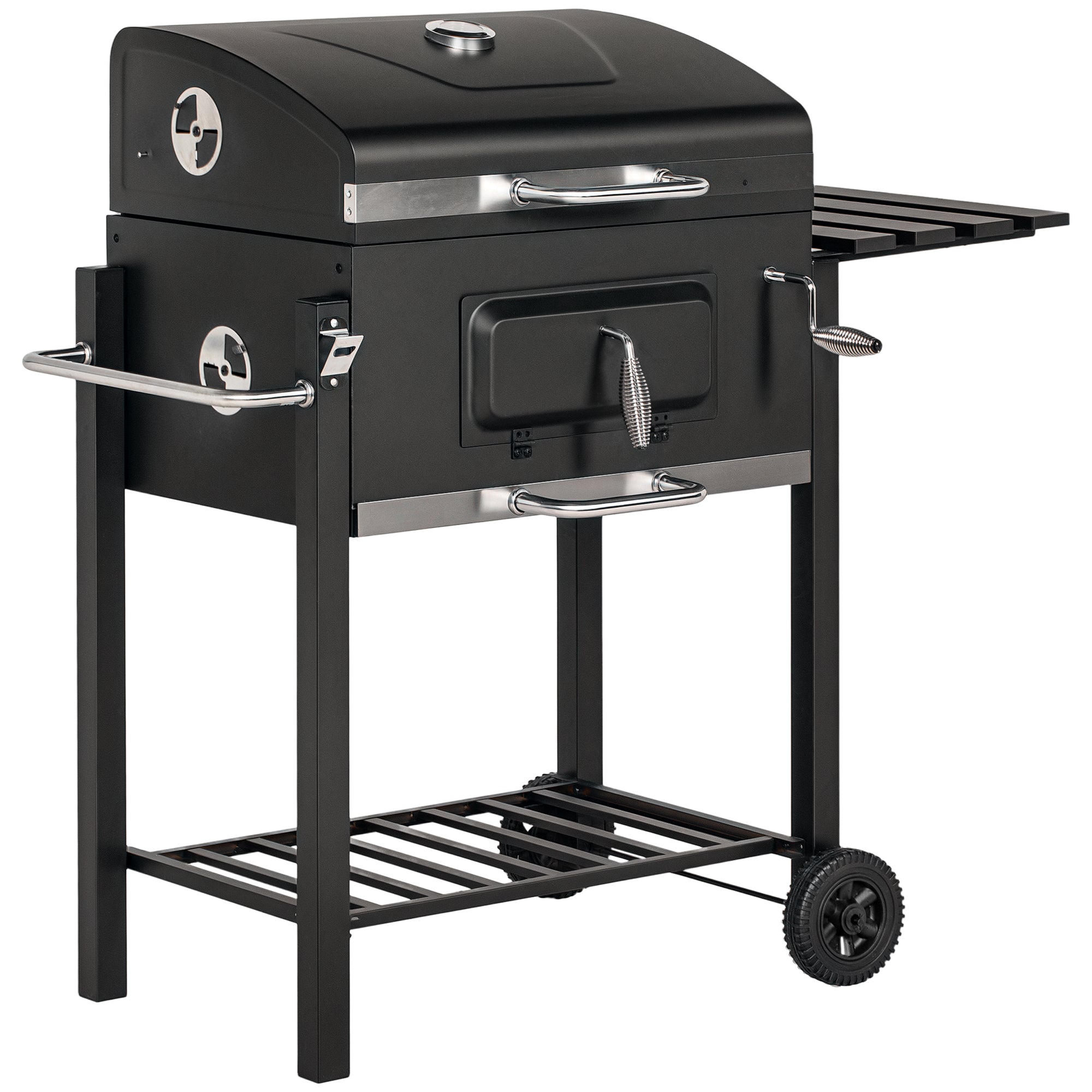 Stainless Steel BBQ Smoker Charcoal Grill with Lid Thermometer Wheels Charcoal Tray Handle Shelf BBQ Cart, Charcoal Stand Grill for Barbecue Camping, Garden 115 x 67 x 107 cm