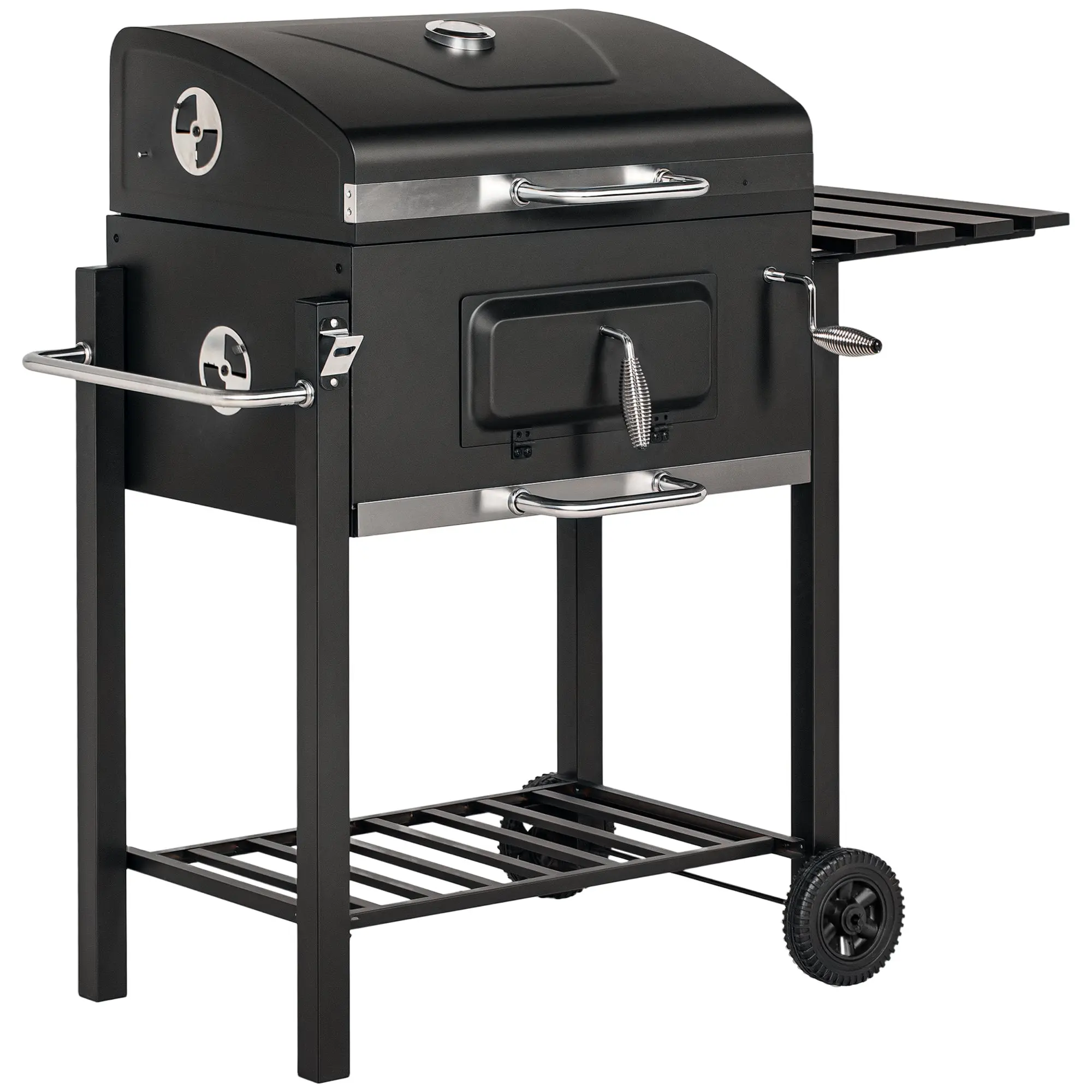 Stainless Steel BBQ Smoker Charcoal Grill with Lid Thermometer Wheels Charcoal Tray Handle Shelf BBQ Cart, Charcoal Stand Grill for Barbecue Camping, Garden 115 x 67 x 107 cm