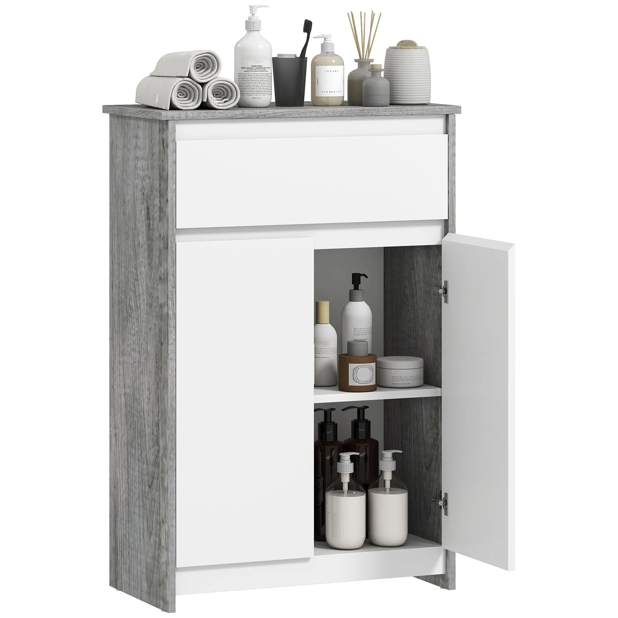 Bathroom Cabinet with Drawer & Double Doors — Space-Saving Cabinet for Laundry or Bath, Gray Wood Effect & White