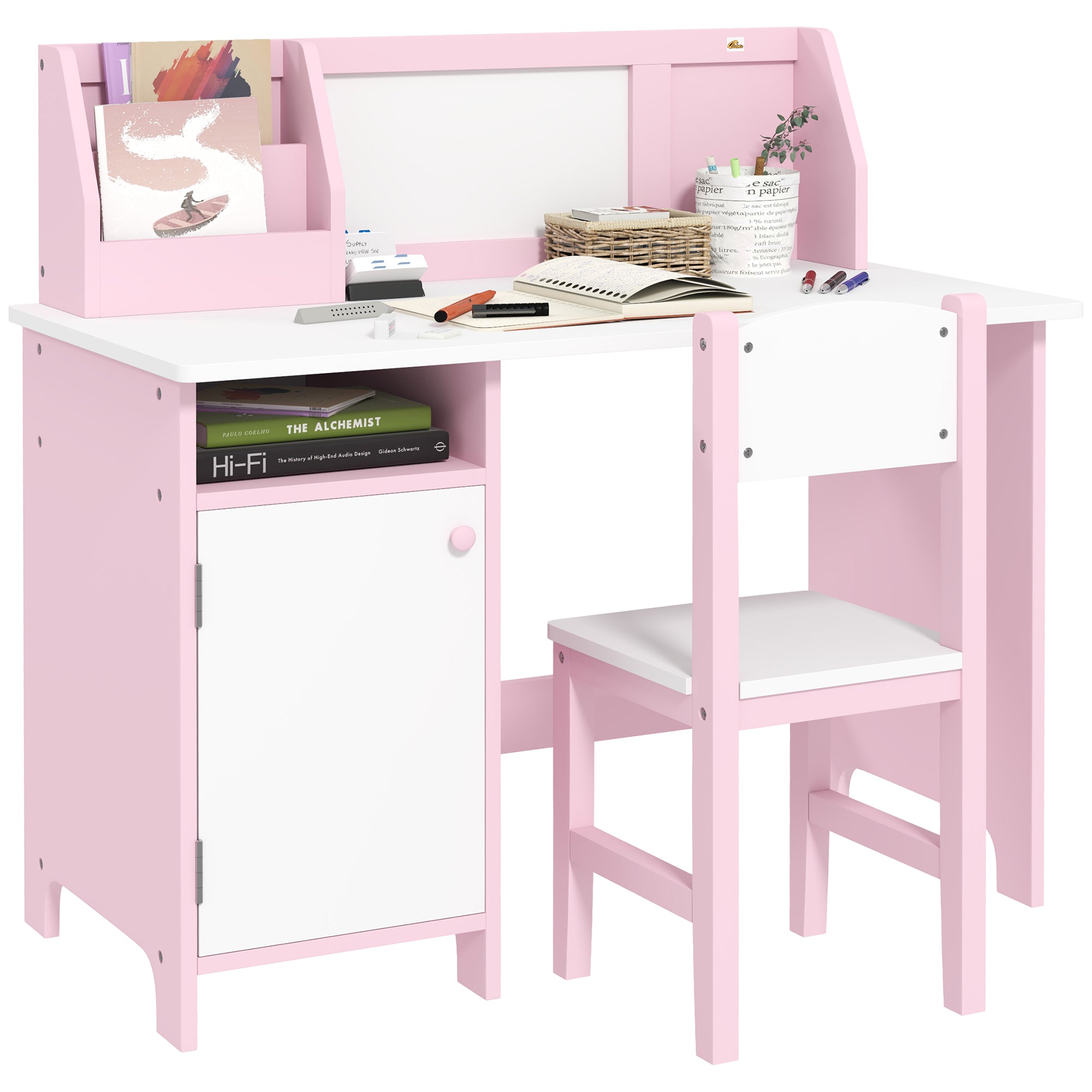 HOMCOM Børns Træbord- og Stolset med Whiteboard Studiebord til Børn 5+ År Børns Skrivebord Møbler 90x45x85 cm Lyserød