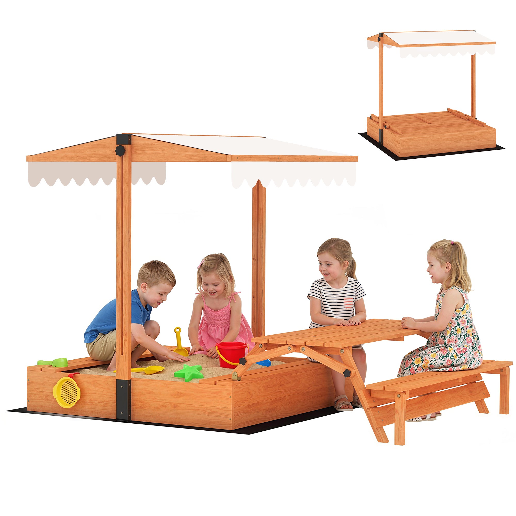 AIYAPLAY laste liivakast reguleeritava katuse, kokkupandava piknikulaua ja pingidega, kaas, 6-kohaline (3–8-aastastele), tagahoovile ja aeda, 184 × 110 × 120 cm, pruun