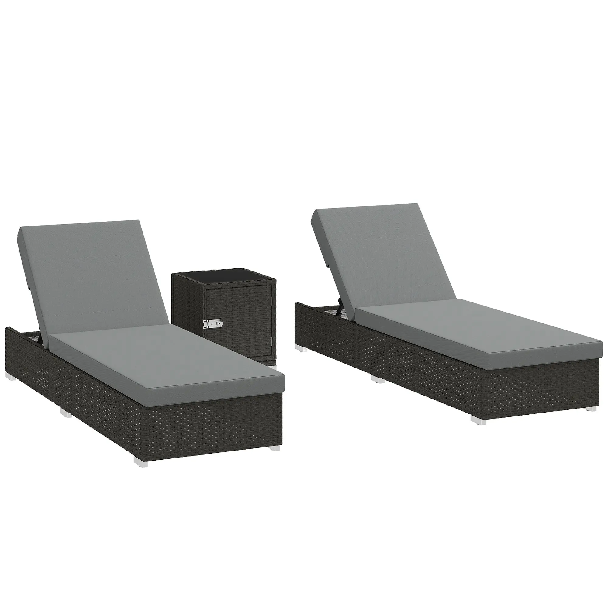 2-Piece PE Rattan Garden Sunlounger Set with Tempered Glass Side Table — 6-Position Adjustable Backrest, Cushions, Dark Gray