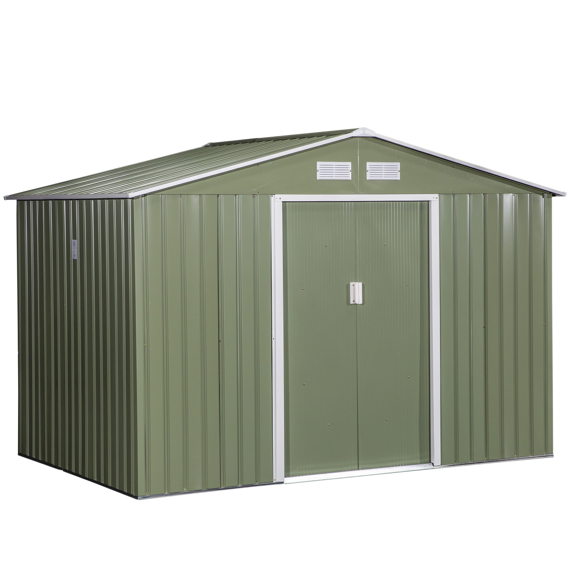 Outsunny Įrankių Sandėliukas 4.9 m², Sodo Namas su Gable Stogu, Slankios Durys, Pagrindas, 277 x 195 x 192 cm, Cinkuoto Plieno Įrankių Sandėliukas, Atsparus Orui, Sodu, Šviesiai Žalia