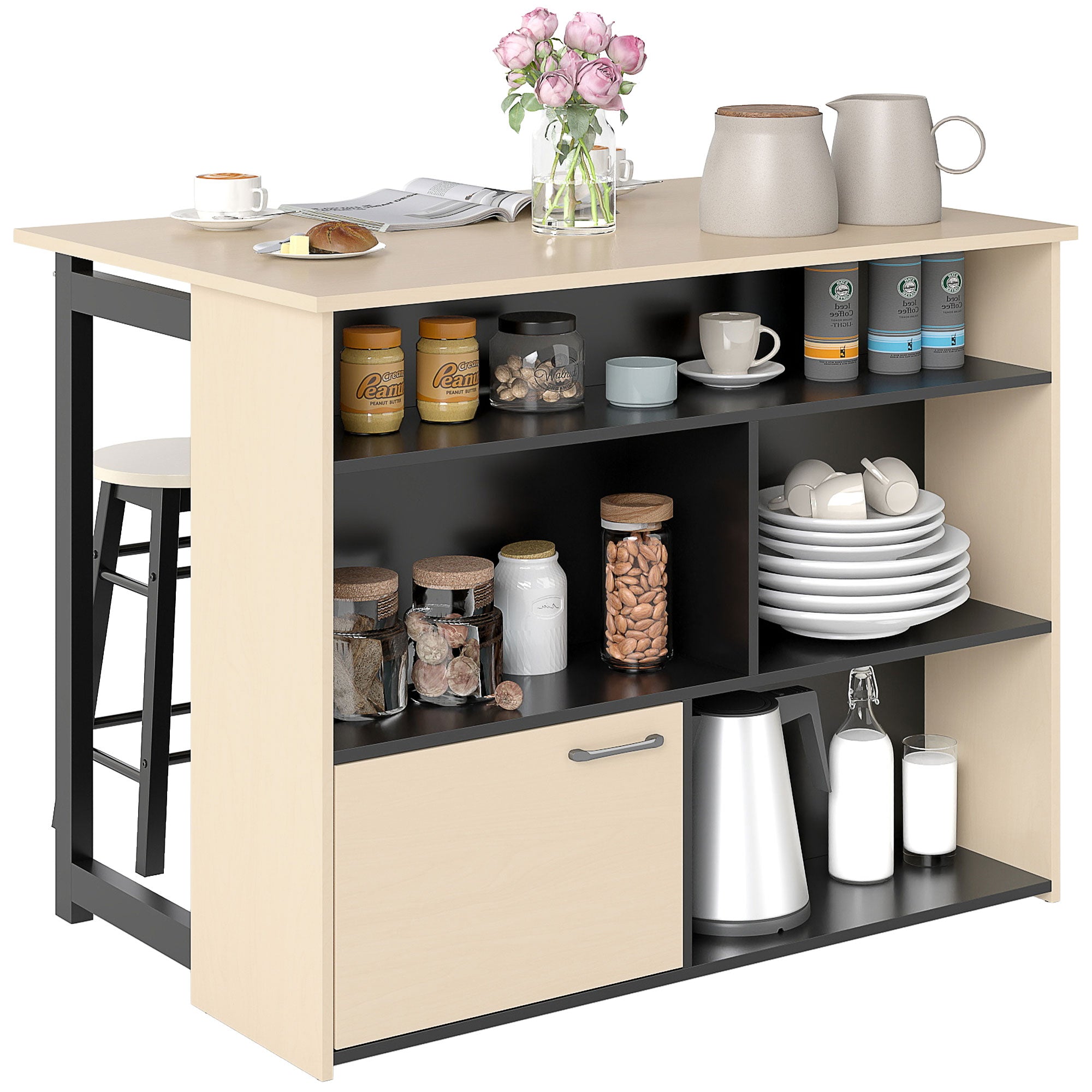 HOMCOM Bar Tischset mit Barhockern, Bar Tischset für 2 Personen, Esstisch mit klappbarer Tischplatte, Schrank, 2 Stühle, Fußstütze, Moderner Bartisch für Esszimmer, Eiche