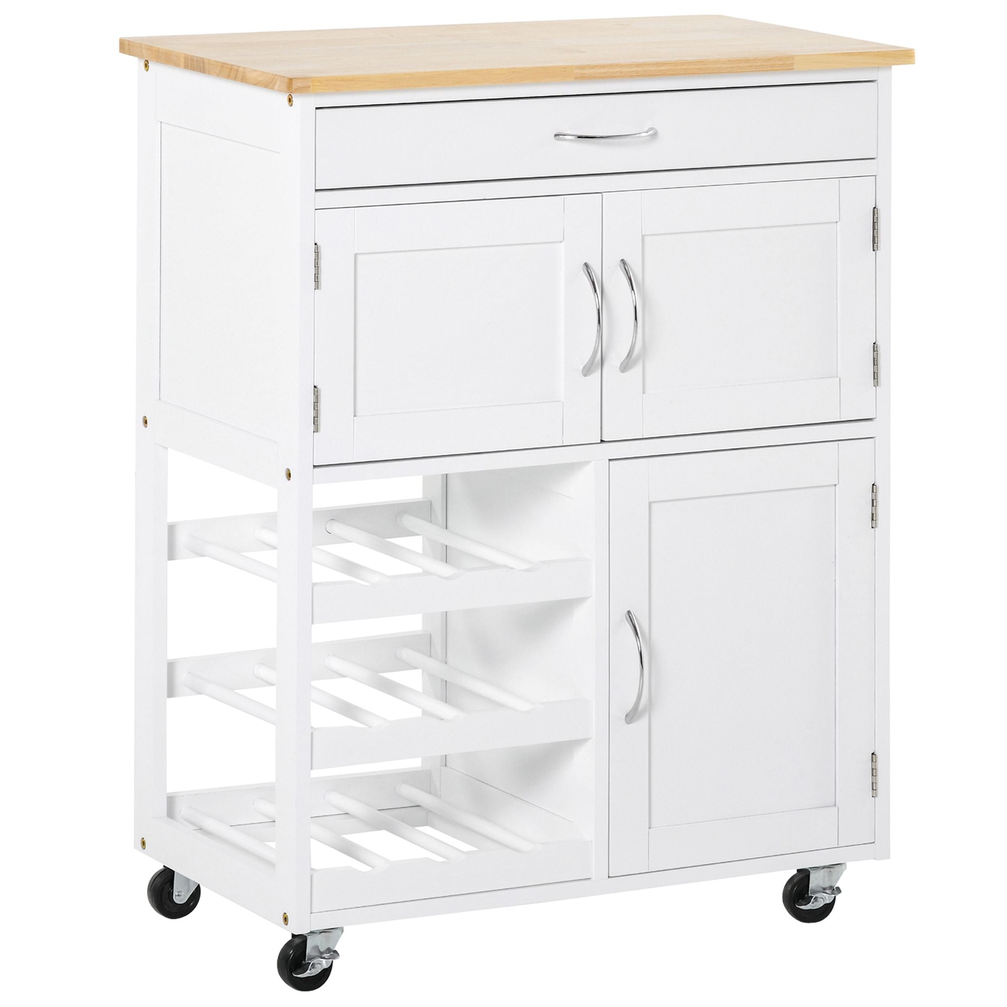 Chariot de Cuisine HOMCOM avec Roues, Tiroir, 2 Armoires de Rangement et 3 Étagères Ouvertes pour 9 Bouteilles - 67x37x87 cm Blanc