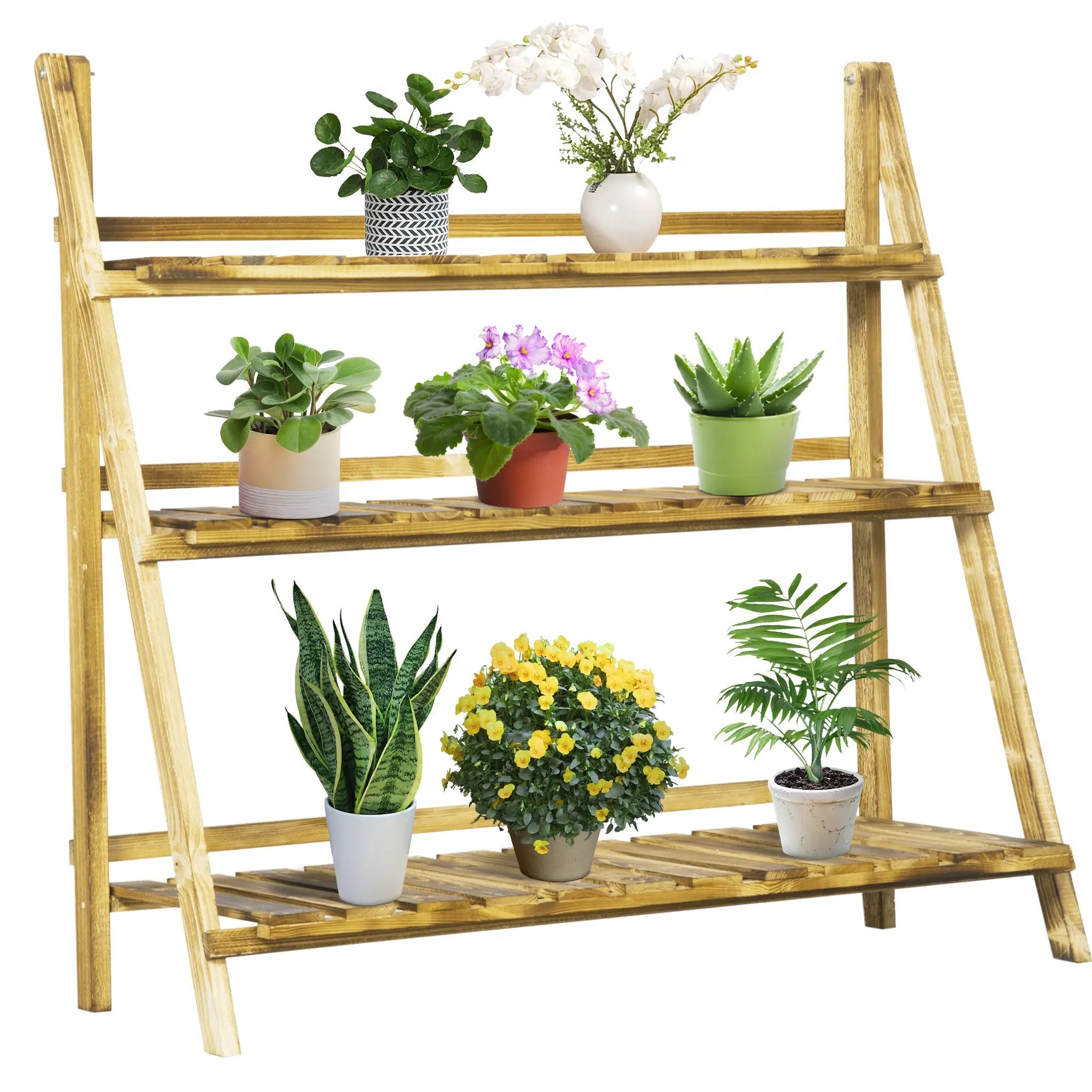 Outsunny Saliekamais Augu Stends Stādāmo Grozu Plaukts Nasta no Egles Koka ar 3 Līmeņiem Āra Plaukts Augiem Ziedu Podu Turētājs 100x37x93cm