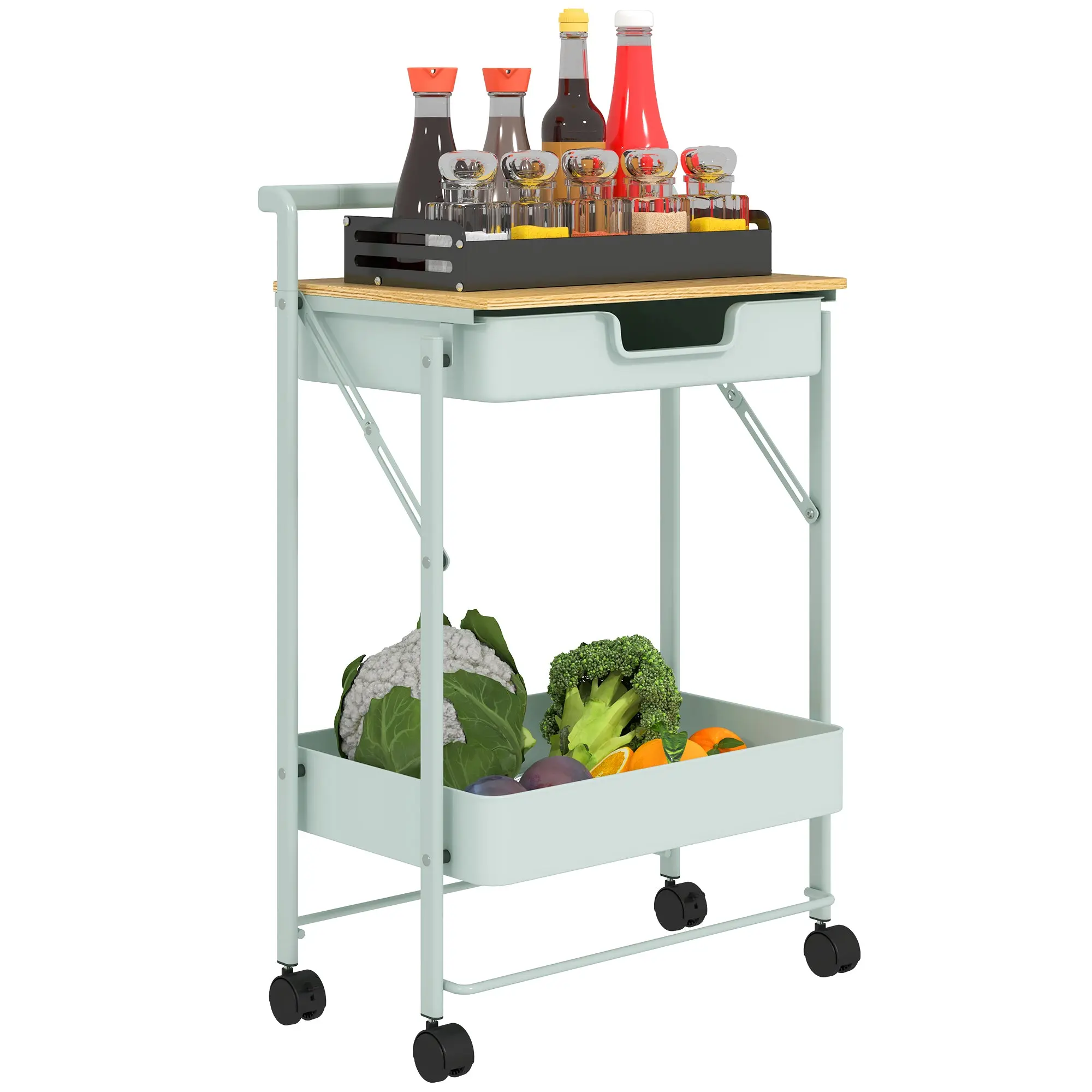2-Tier Rolling Utility Cart with 1 Drawer and 1 Basket Organizer Cart for Bedroom Living Room Office Light Green