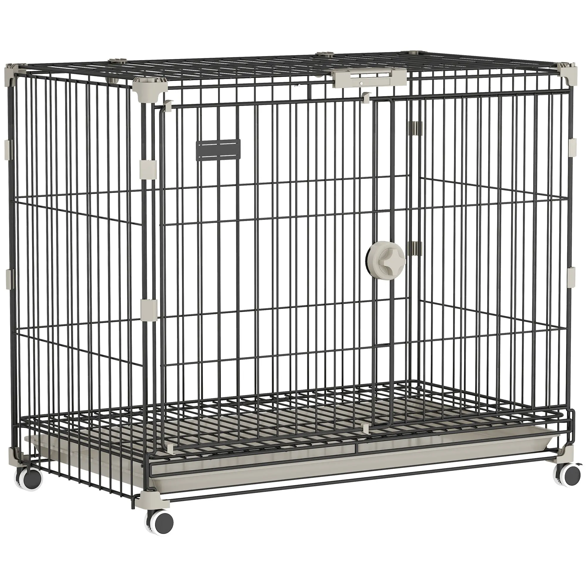 Foldable Dog Crate with Removable Tray, Lockable Top, Wheels with Brakes & Feeding Door — Indoor Kennel for Small to Medium Dogs, 29.7 x 18.1 x 25.4 in (75.5 x 46 x 64.5 cm), Black