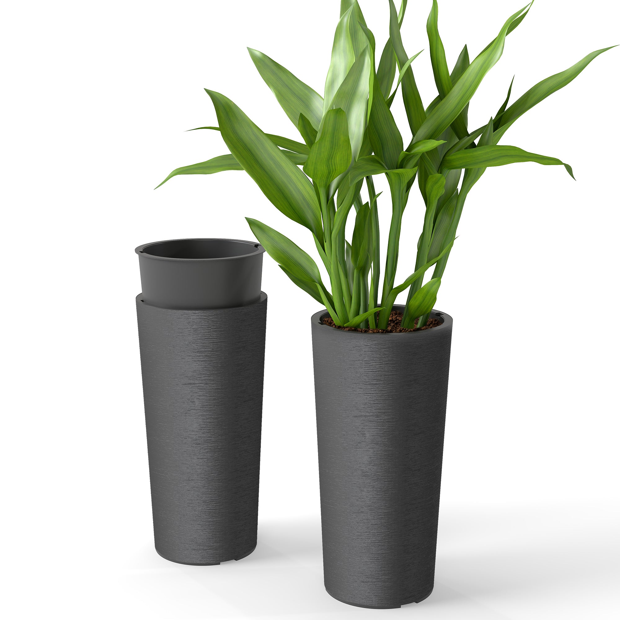 Outsunny 2er-Set stapelbar 60 cm Héich-Pflanzpotten mat banneschem Liner a Drainage – Donkergriis