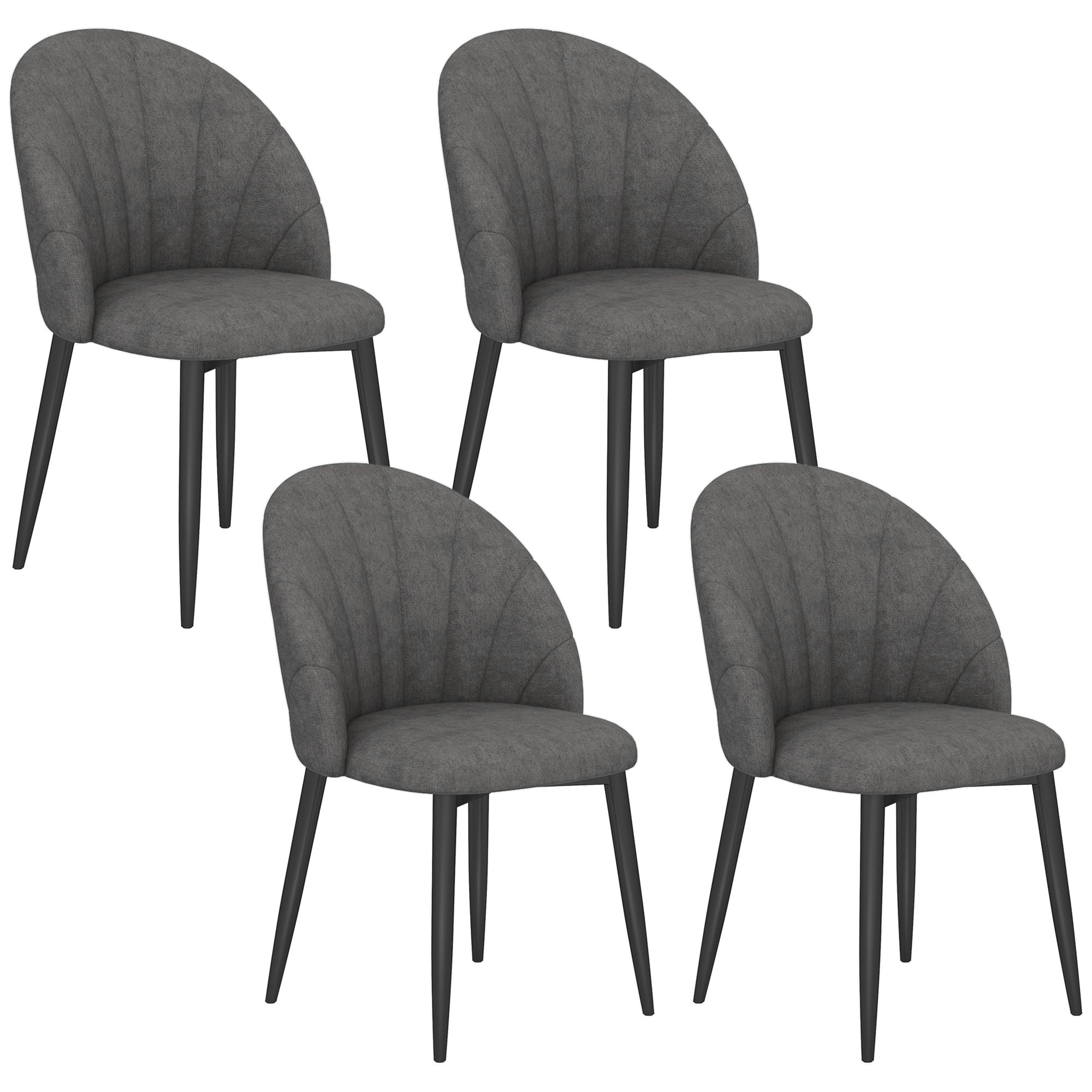 Set of 4 Velvet-Effect Dining Chairs – Padded Ergonomic Shell Back with Steel Legs, Dark Gray