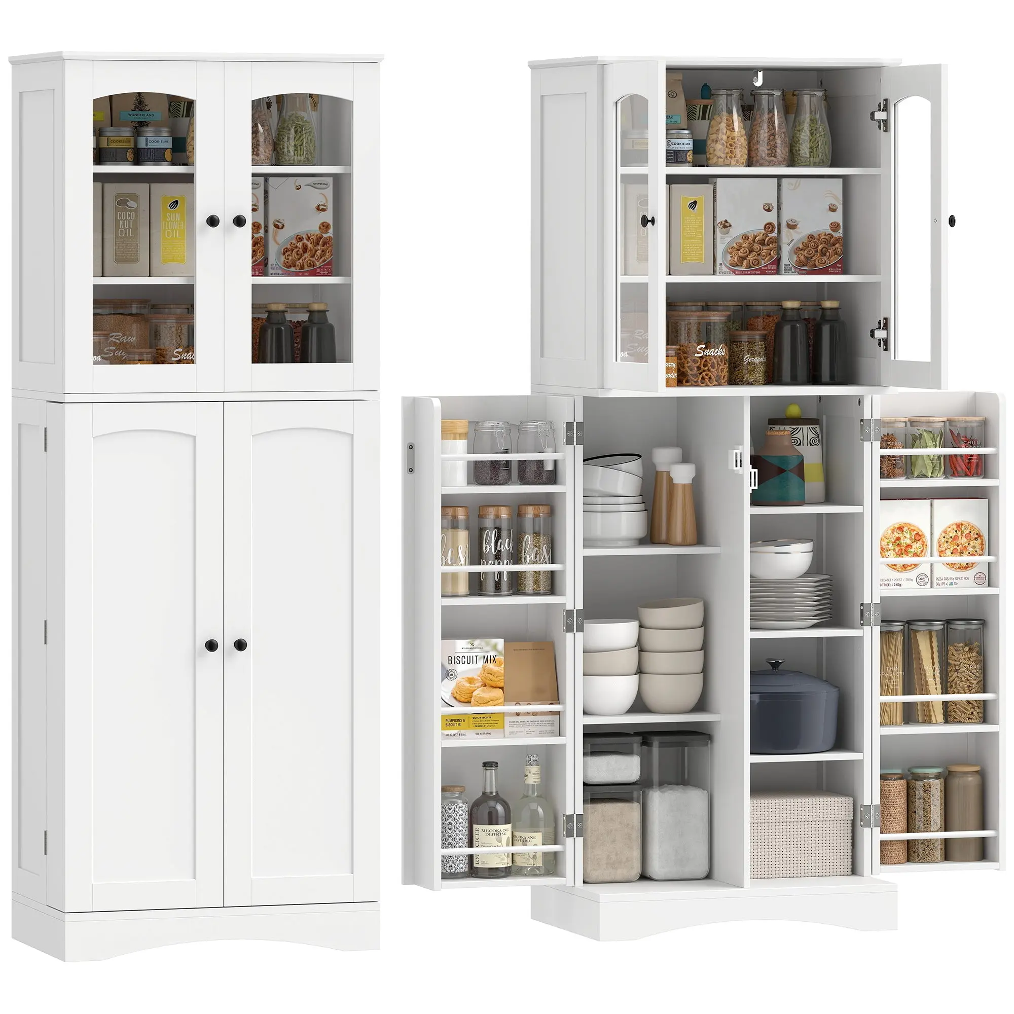 Kitchen Pantry Cabinet with Soft-Close Acrylic Doors, 10 Shelves, 8 Compartments, Modern Pantry with 4 Adjustable Shelves for Dining Room, 23.6 x 15.7 x 63.8 in, White