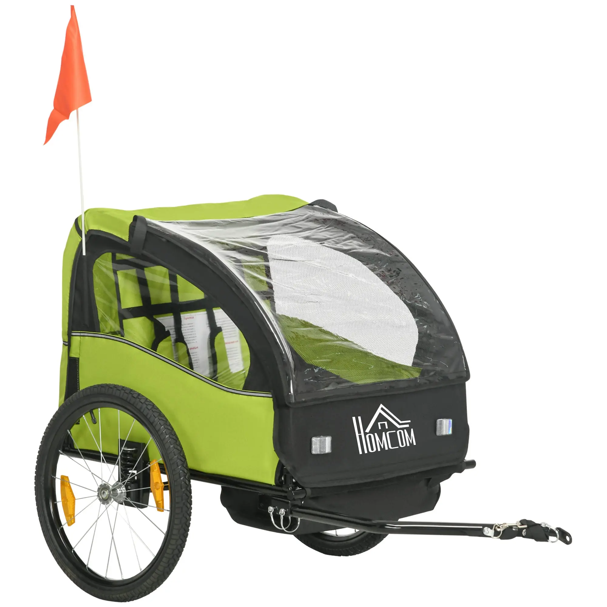 Bike Trailer for Kids +18 Months 2-Seater Stroller with Safety Belt Storage Space and Shock Absorber System 140x88x90 cm Green