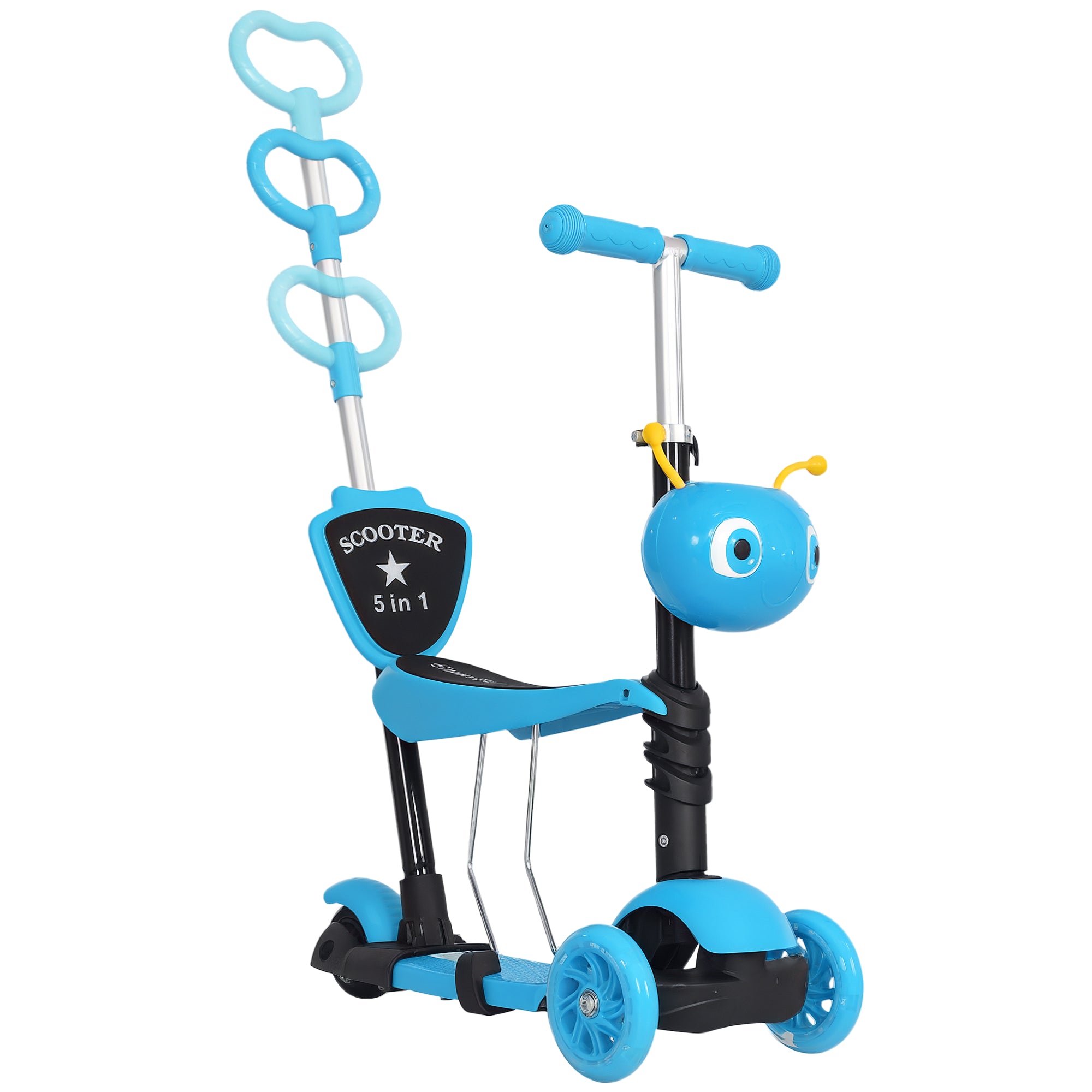 Trottinette 3-en-1 HOMCOM pour enfants de 18 mois et plus - Trottinette à trois roues avec siège amovible, guidon réglable - Dimensions 62x25x72,5 cm - Bleu