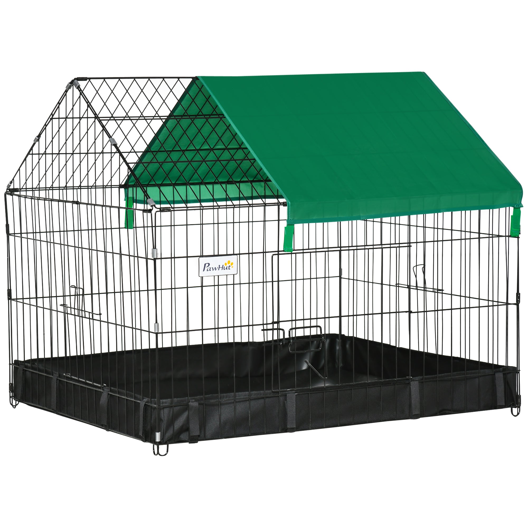 PawHut Käfig für Kleintiere Pet Park mit 2 Türen, Sonnendach und wasserabweisendem Oxford-Boden für innen und außen 90x75x75 cm Schwarz und Grün